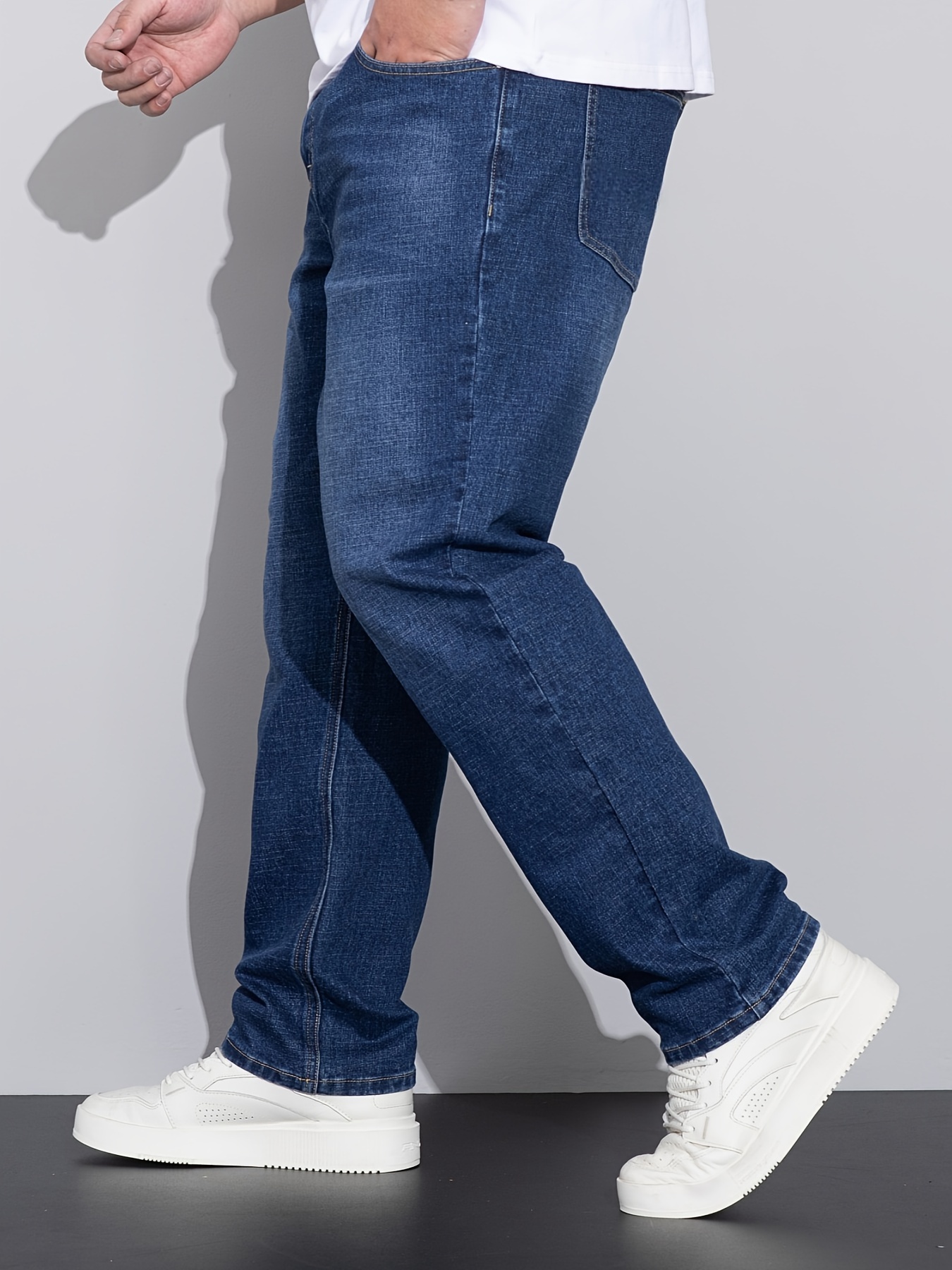 Men's Plus Size Loose Fit Stretchy Cotton Denim Pants, Lightweight Business Casual Jeans For All Seasons