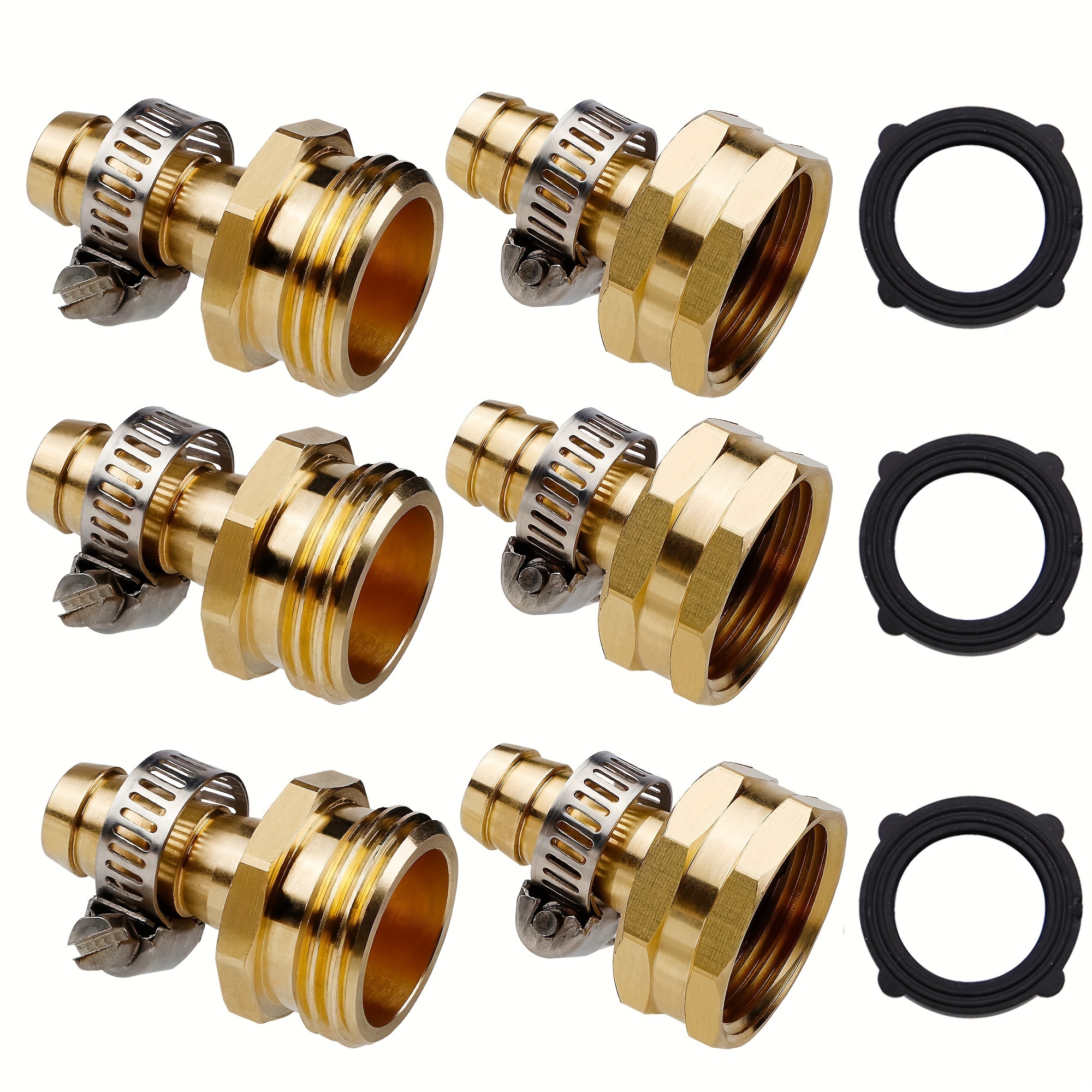 

3-pack Of Brass Garden Hose Repair Fittings With Stainless Steel Clamps - 1/2" Female Thread 1.18in/3cm And 3/4" Male Thread 1in/2.6cm - Suitable For Pvc Pipes And Garden Irrigation