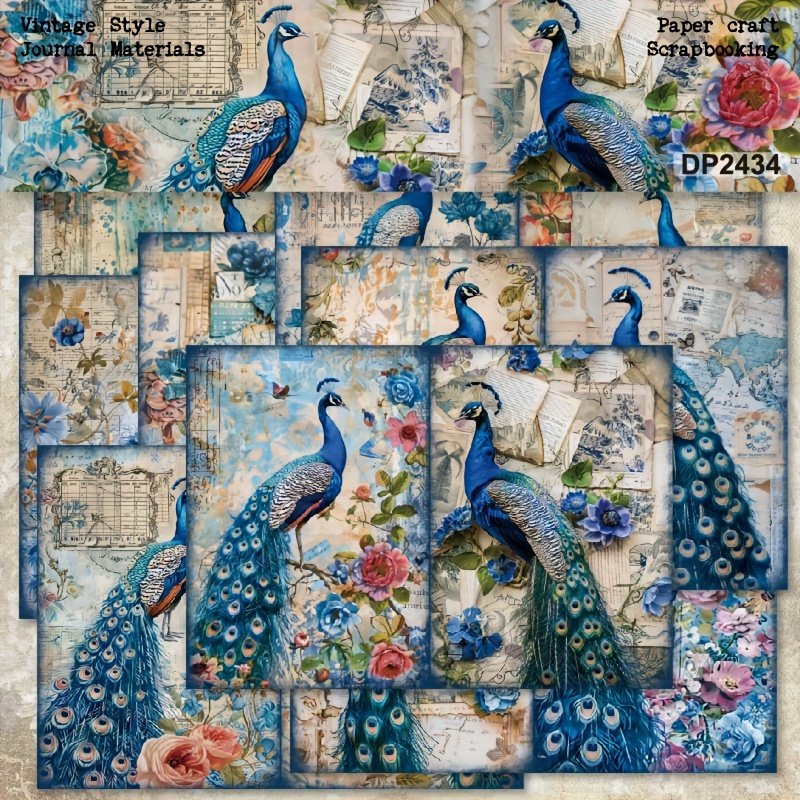 

8pcs Blue Peacock Themed Scrapbooking Set - Diy Album Decor, Blank Journal Pages, Message Notes & Wall Art Paper