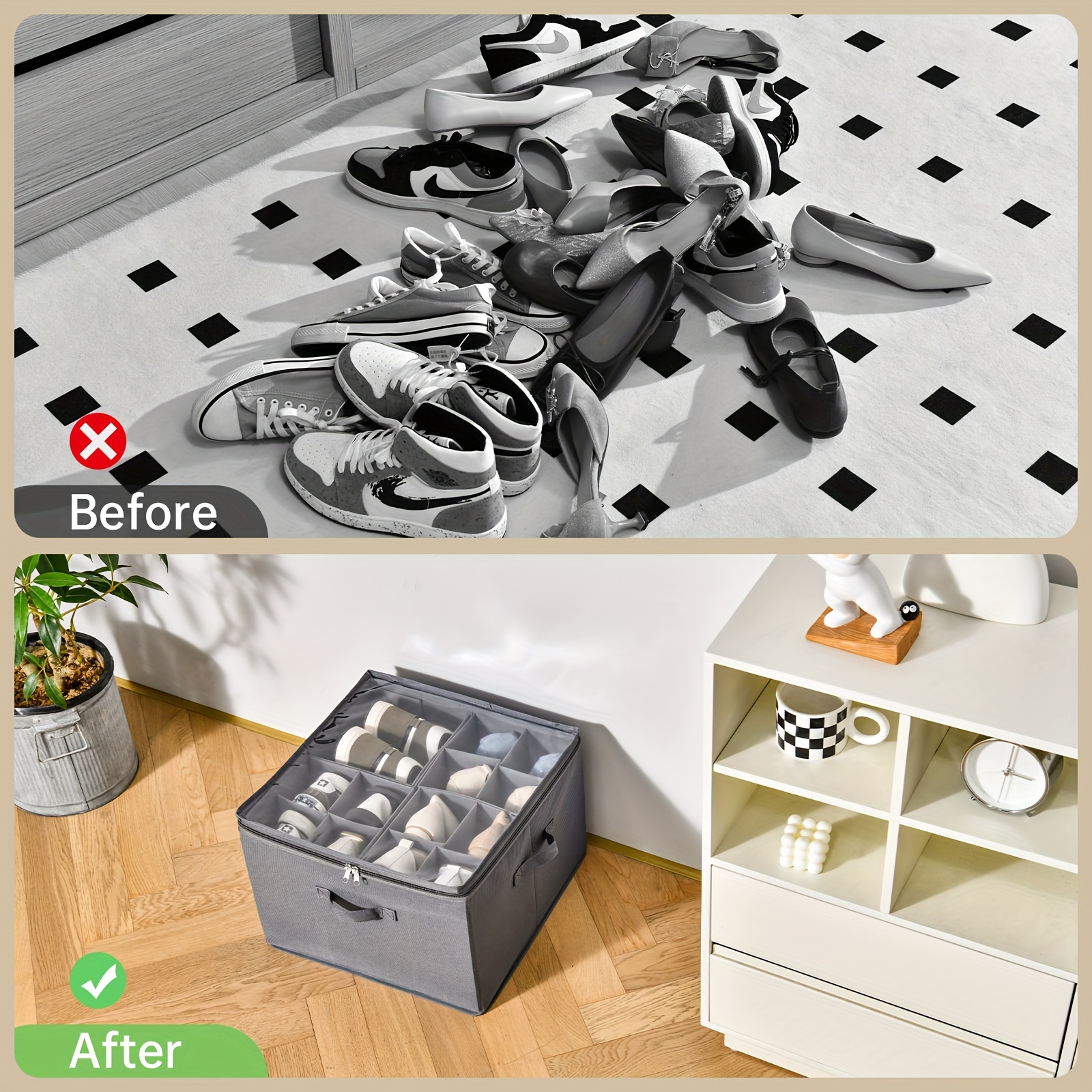 2 pack shoe organizer for closet fits up to 32 pairs adjustable dividers for shoe storage fabric shoe storage bins with clear cover grey details 2