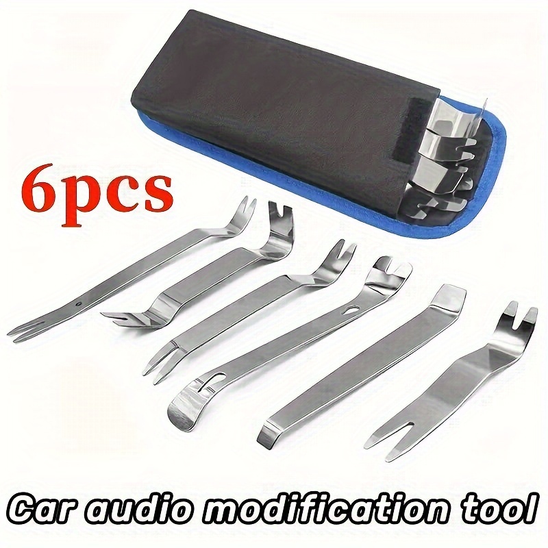 

6pcs Car Audio Modification Tool Kit - Stainless Steel Pry Bars For Interior & Door Insulation Removal, Includes Attached Blue Pouch