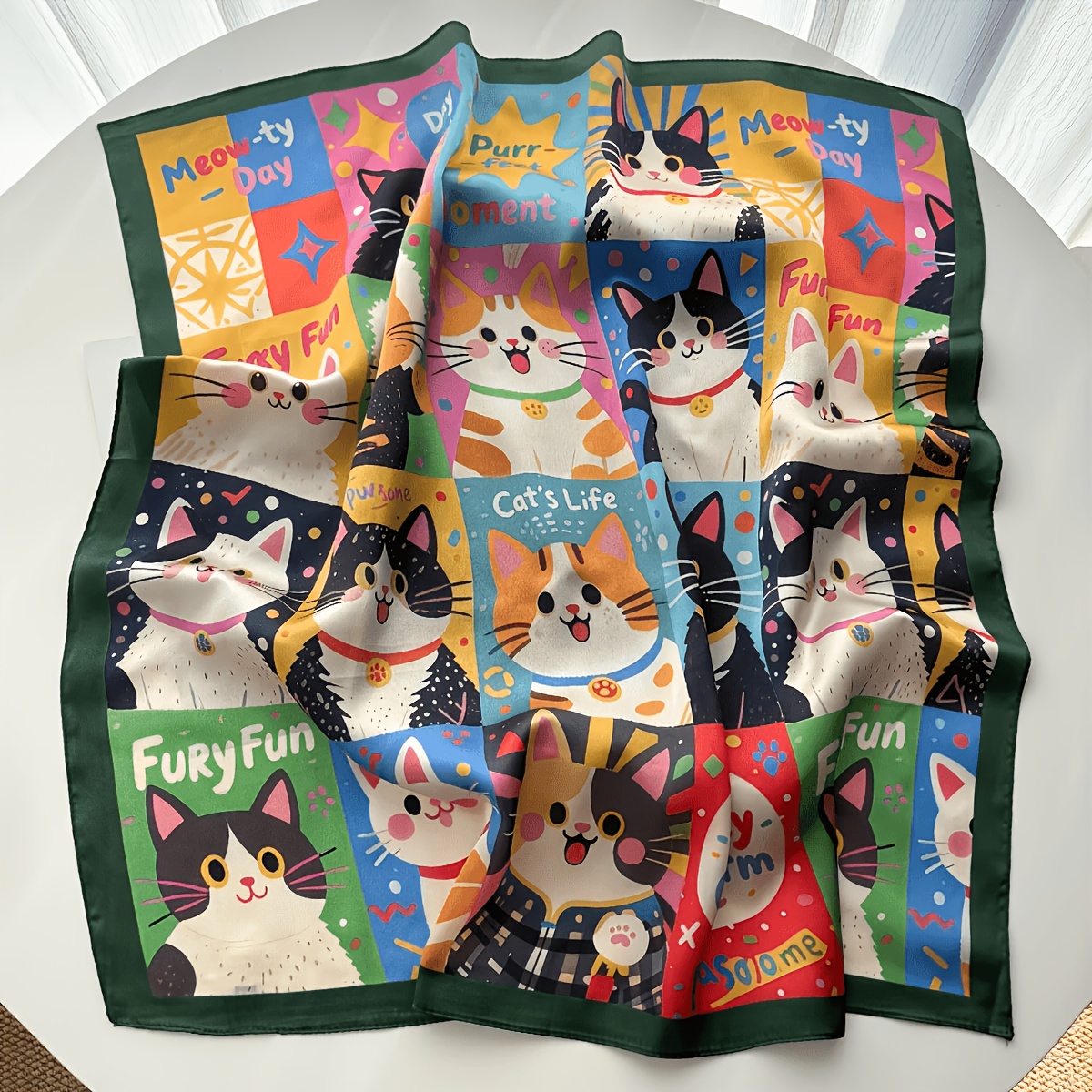 TEMU Women's 100% - Cute Green Cat Print Suitable For , Multi-functional Headscarf, Hair Bandana & Shawl, Lightweight Breathable Square Scarf For