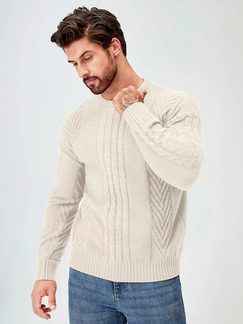 mens winter warm knit sweater soft round neck long sleeve casual pullover solid color beige navy machine washable thick sweater jacket for cold weather office casual attire Product details 21