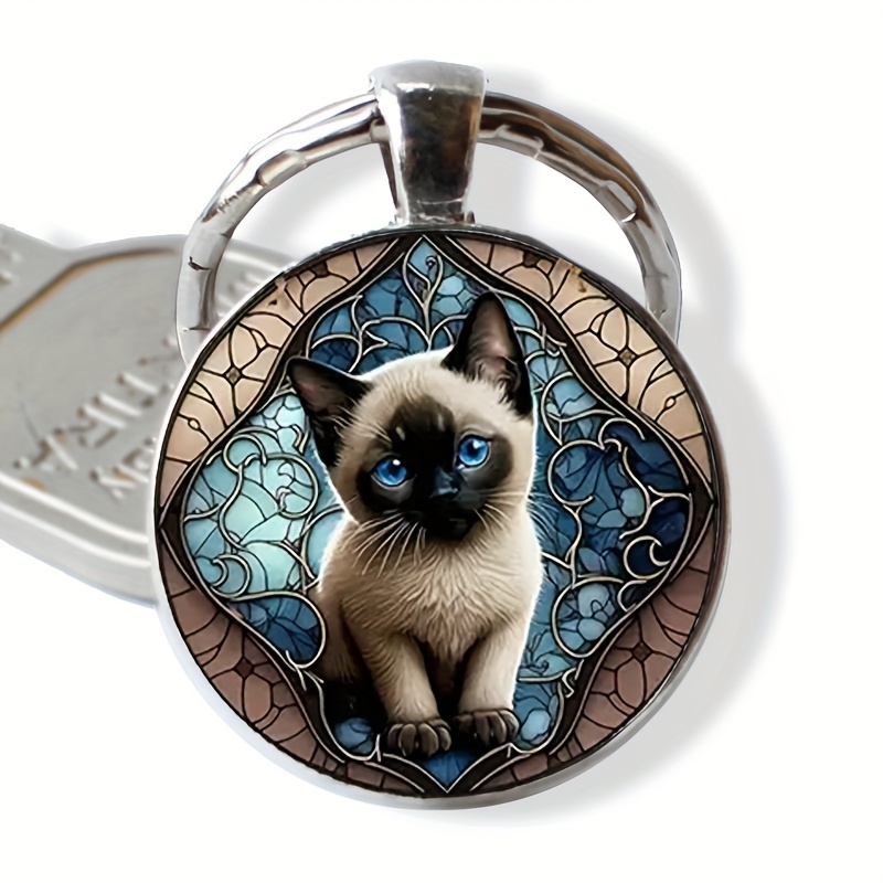 

1pc Porte-clés en verre avec motif de chaton , anneau porte-clés en de , accessoire de bijoux de mode, pendentif de , unisexe, pour mariage, anniversaire, de diplôme, Noël, cadeau d'anniversaire