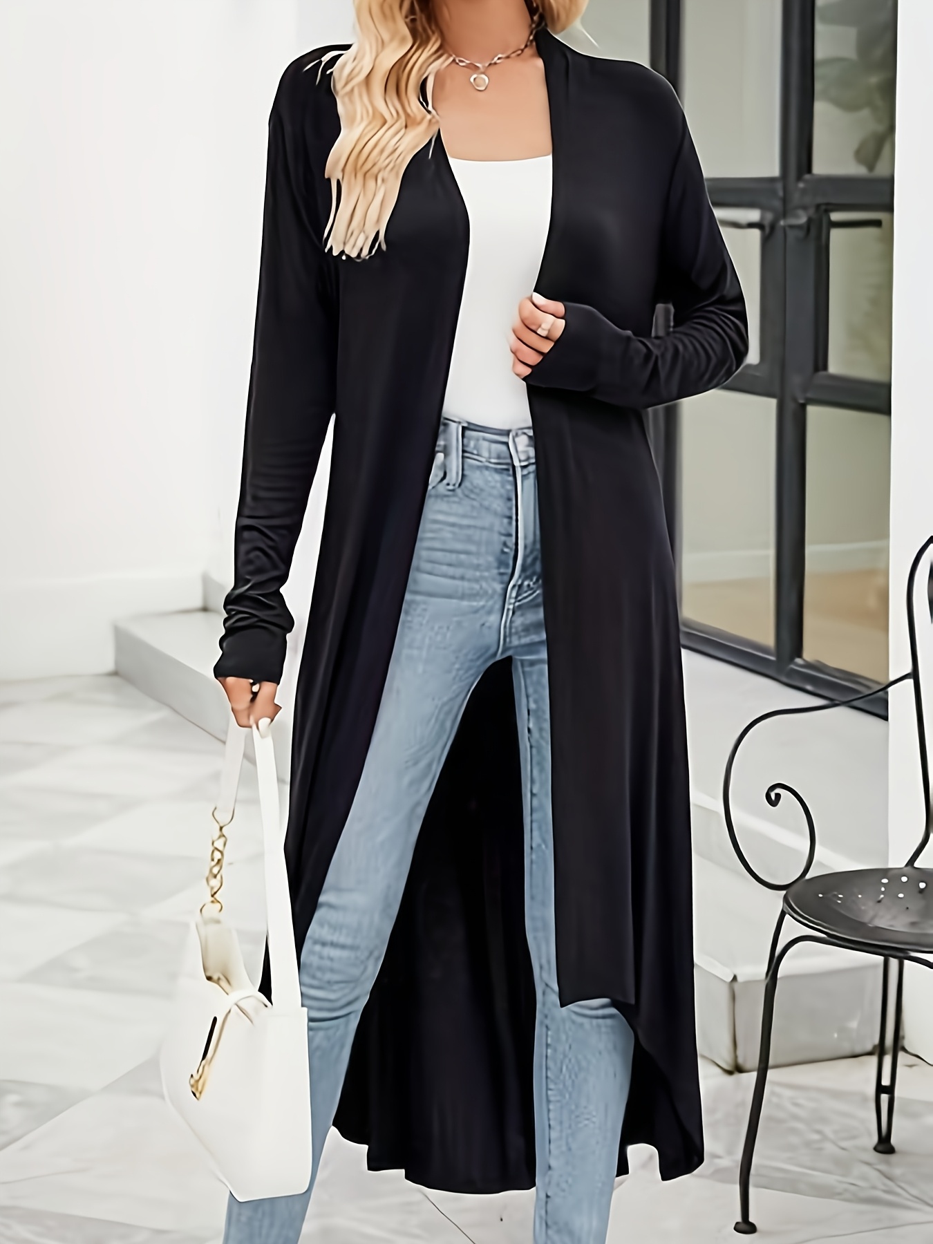 Women's Lightweight Stretchy Longline Cardigan Black White Front  Pleated Design, Asymmetrical Hem, Machine Washable Spring Summer Fall  Layering