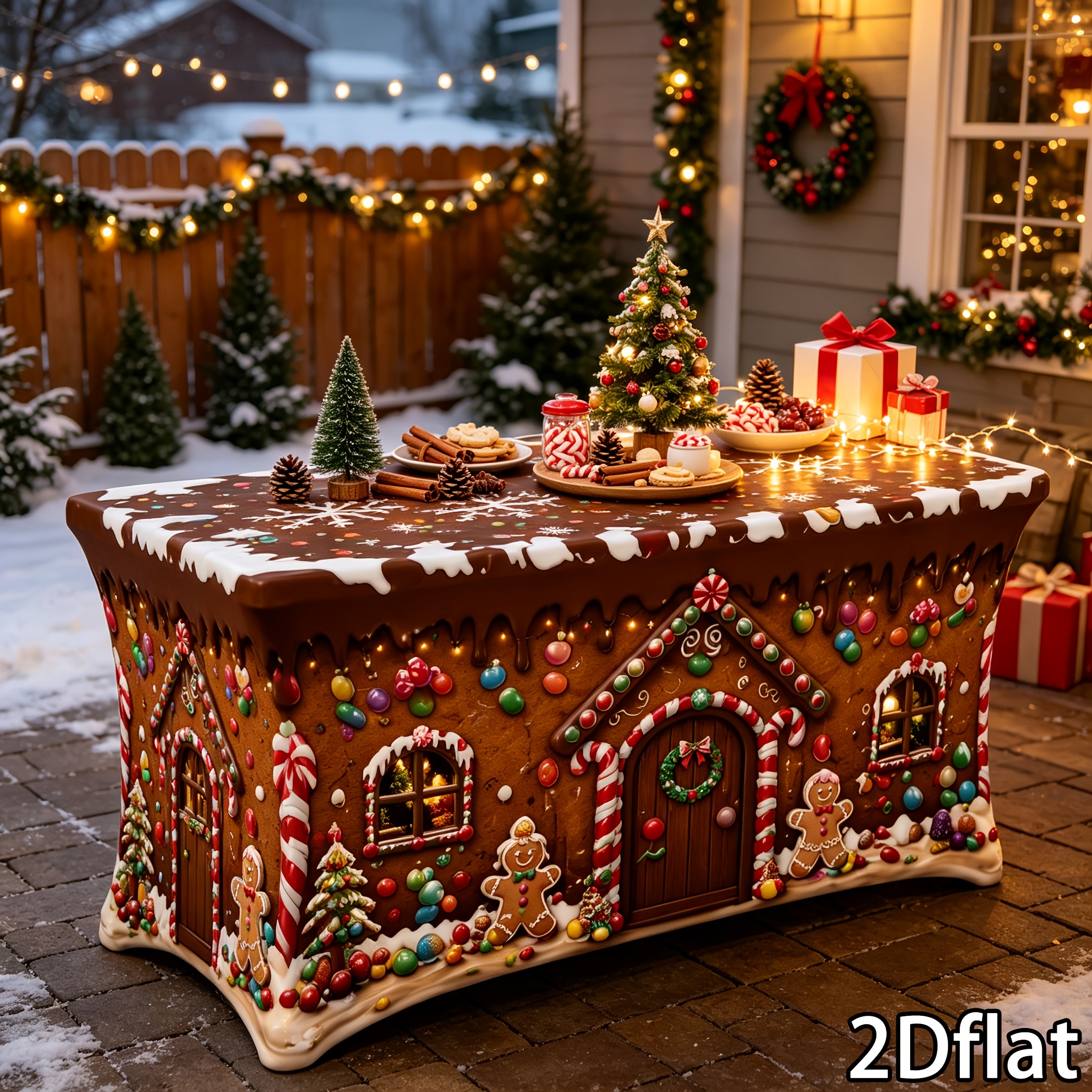TEMU 1pc All Inclusive 2dflat Christmas Gingerbread House, Elastic Table Cover, Warm Christmas Decoration Suitable For Dinner Parties