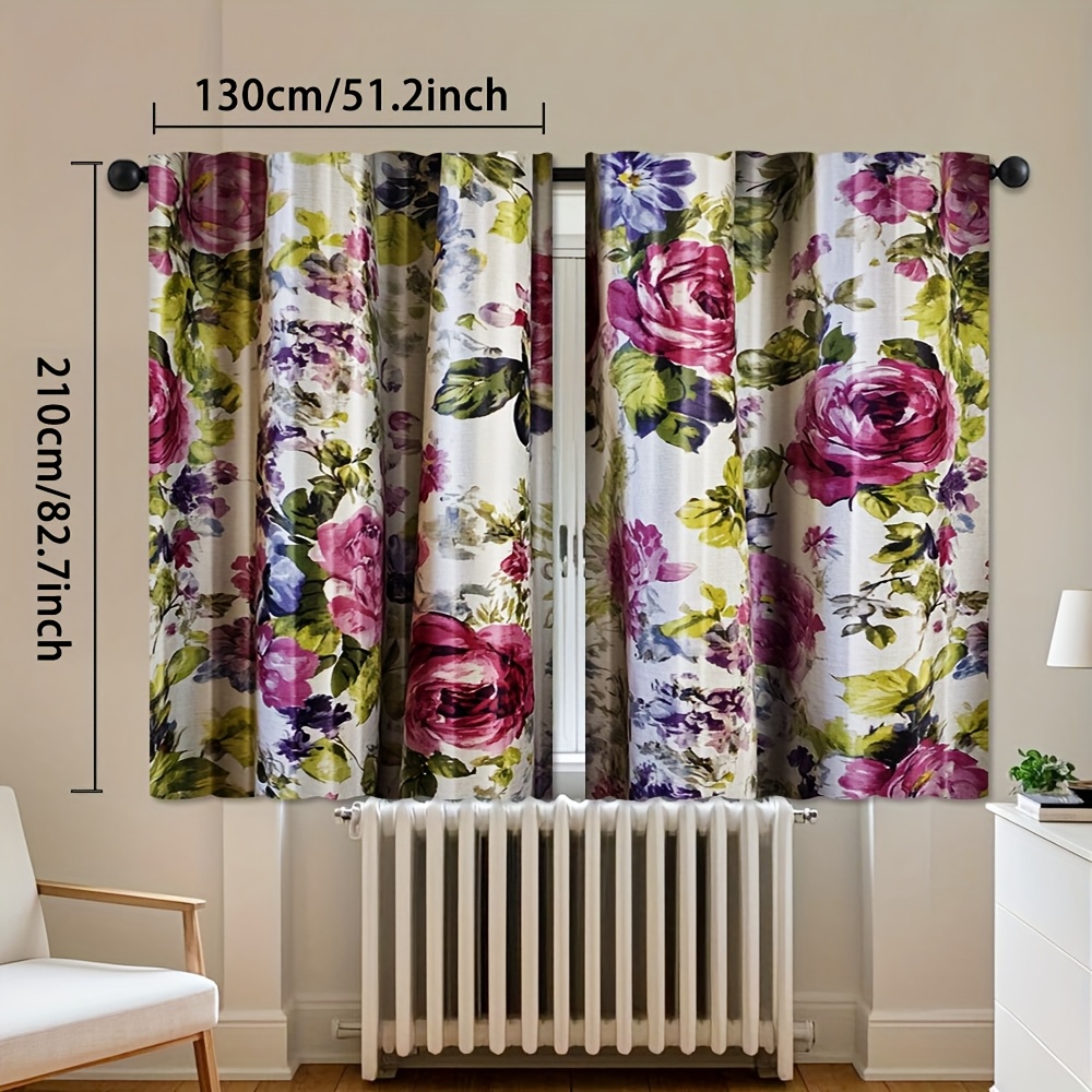 TEMU 2pcs, Elegant Peony Oil Painting Pattern Curtains Light Filtering Polyester Rod For Bedroom Living Room Office Decor Ideal For