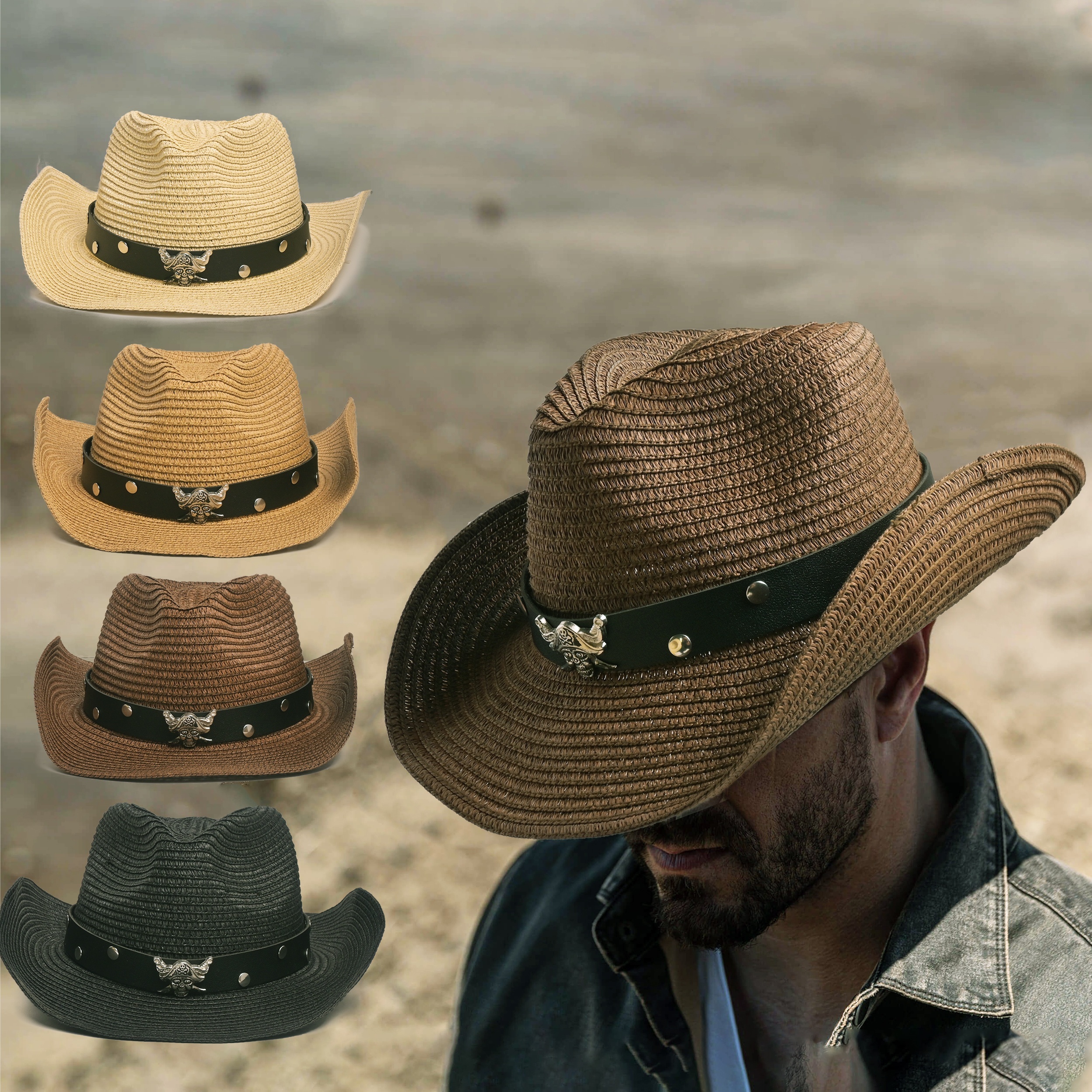 

Unisex Cowboy Straw Hat With Skull Decoration, Breathable Summer Sun Hat, Travel Western Jazz Hat For Outdoor Activities