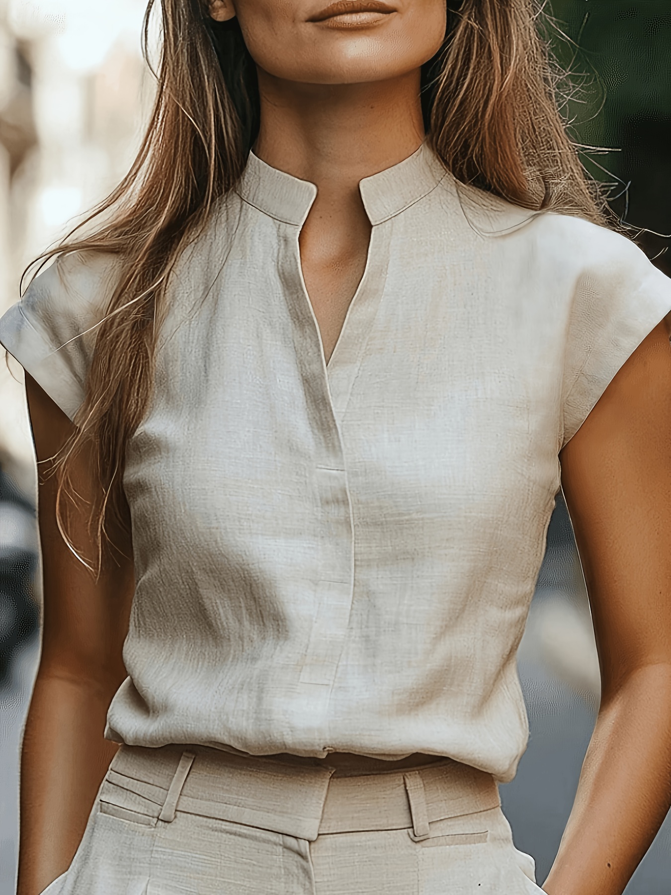 Women'S Solid V-Neck Short Sleeve Blouse, Casual Leisure Urban Women'S Commute Shirt