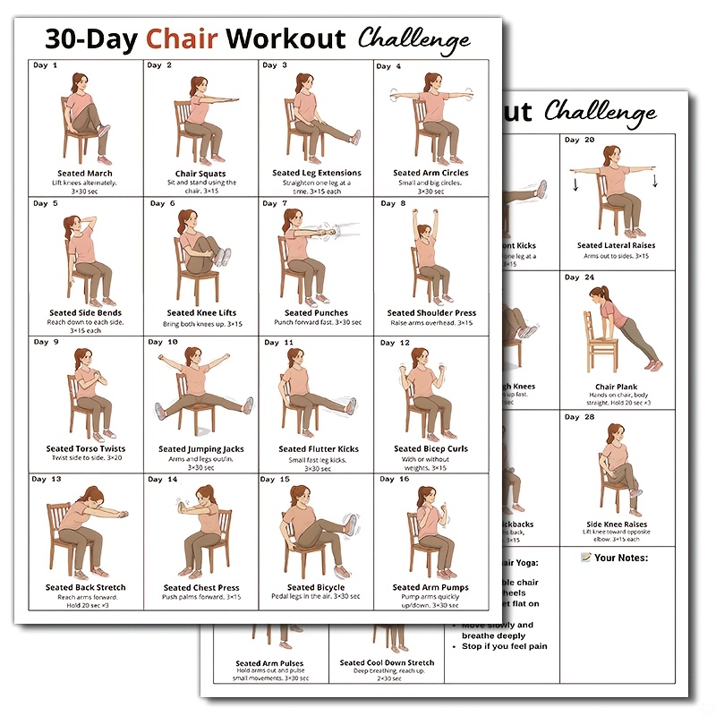 TEMU 2pcs 30-day Chair Posters Suitable For Seniors & Beginners, Seated Exercise Routine Chart With Fitness Routines, Chair & Strength Training For