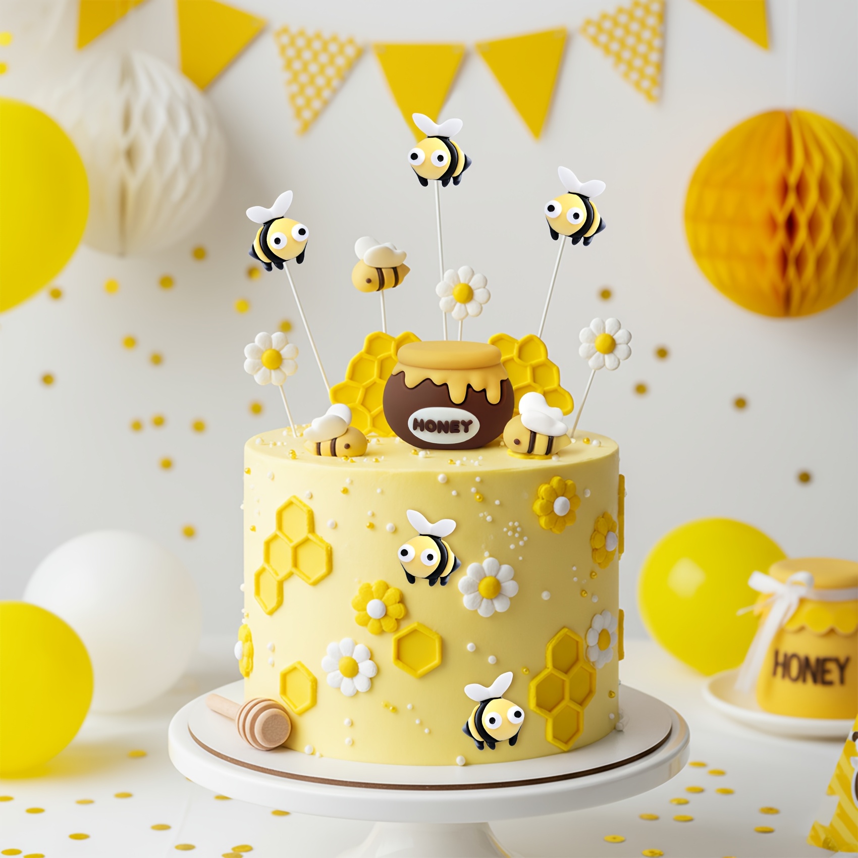19pcs Bee Cake Topper Bee Honeycomb Cake Decorations For Honey Bee Theme Baby Shower Birthday Party Supplies