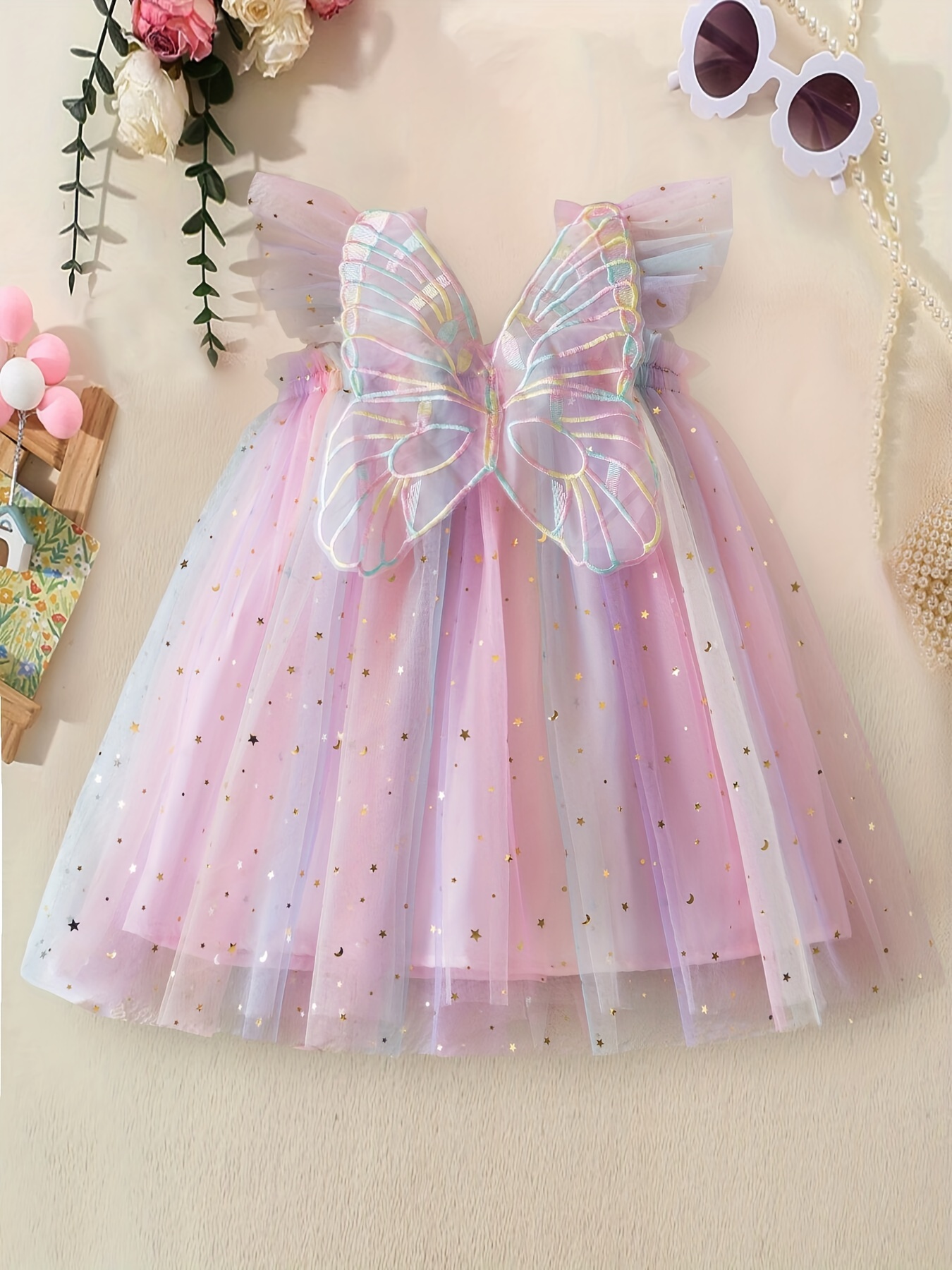 ' Princess Dress with * Wings - Gradient & Ombre Color-Changing Party  Wedding Birthday - Summer Wedding Guest Gown for Girls (Hand Washable)