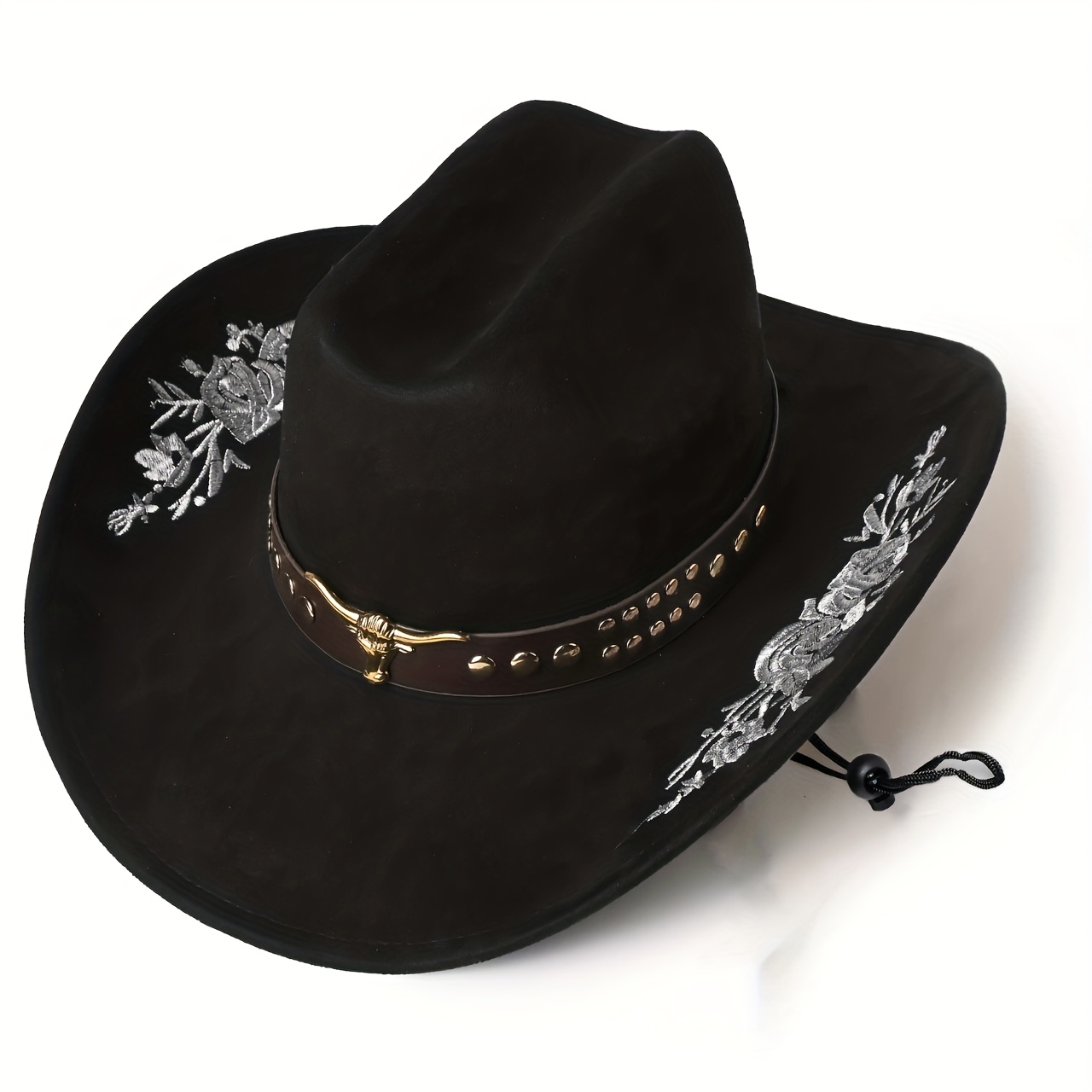 E-shop Leichter Cowboyhut mit plattiertem Stierkopf-Metallgürtel & bestickter Blumenkrempe - Kunstleder in Uni-Farbe mit gerollter Krempe, Bauernfalte,