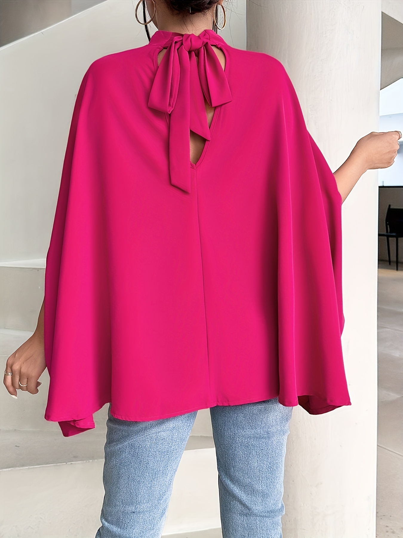 womens oversize smock neck knot back batwing sleeve blouse shirt top rose red 5