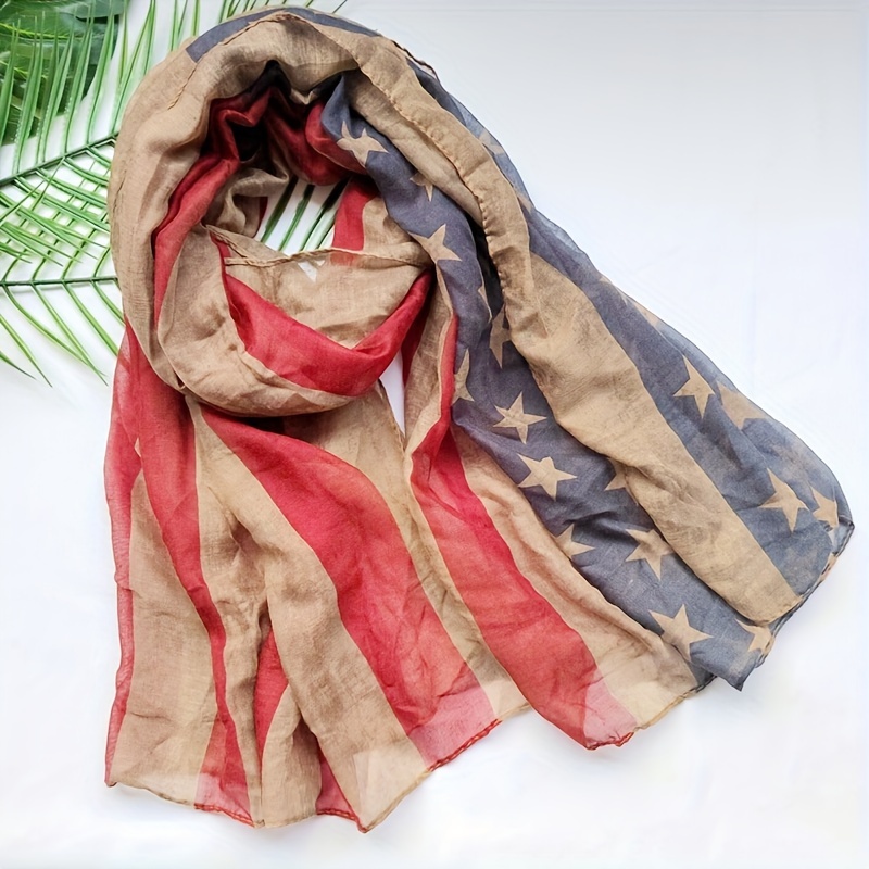 

Vintage American Flag Scarf, Star-spangled Banner Print Bali Yarn Shawl, Casual Sunscreen Inelastic Neck Scarf For Women