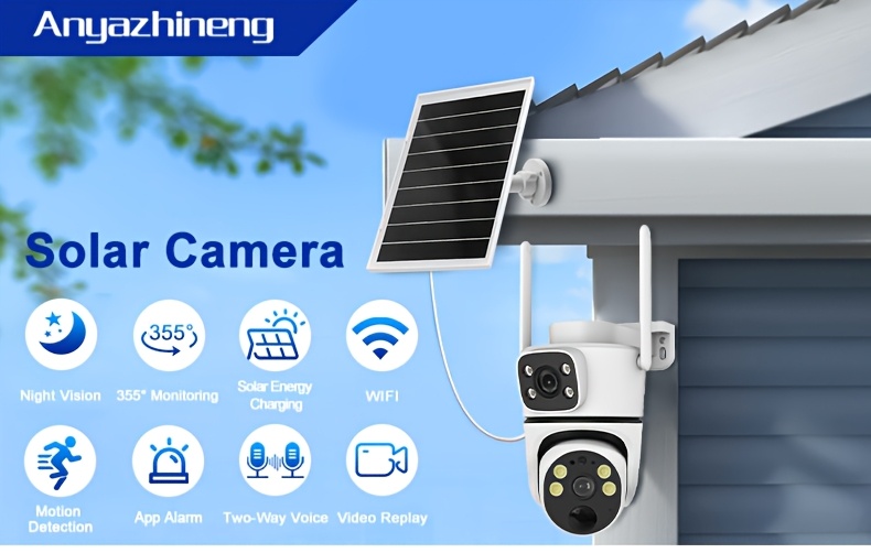 1pc ANYAZHINENG Solar Powered Dual-Lens Security Camera, 1080p HD PTZ Night Vision, Motion Detection, Two-Way Audio, Wi-Fi Enabled, App Controlled, Non-Waterproof, for Home//Pet Monitoring details 0