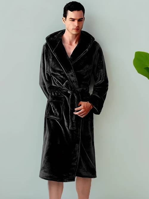 1pc mens casual long sleeve hooded robe with belt solid color polyester knit fabric sleepwear with pockets stretch regular