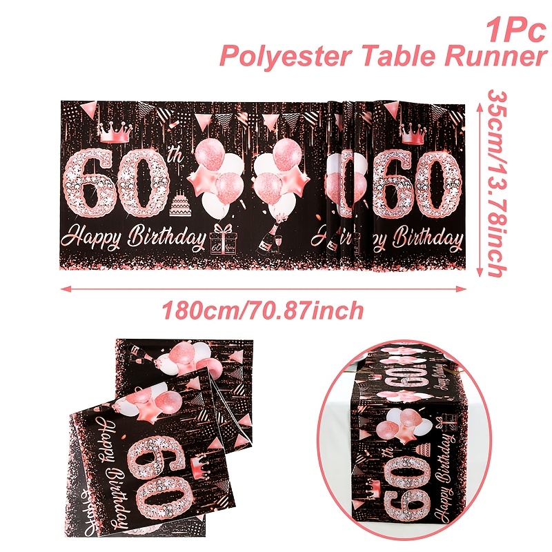 Image of 1pc, 60th Rose Golden Birthday Table Runner, 180 X 35cm, Crown Happy Birthday Table Flag, Happy Birthday Party Decoration, Dining Table Decoration, Birthday Party Gifts, Adult Birthday Party Supplies