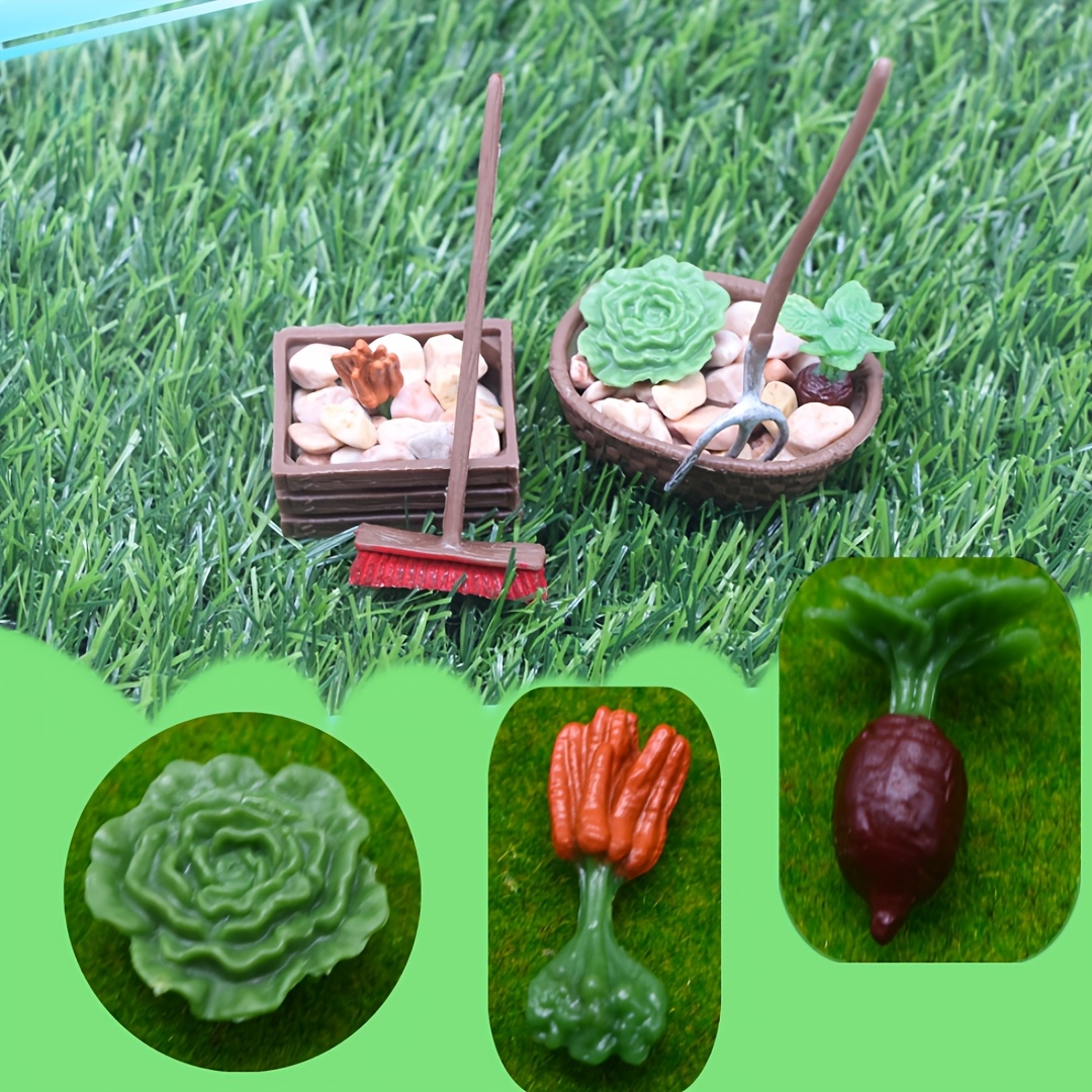 

7pcs Miniature Garden Tool And Vegetable Figurines Set, Plastic Collectible Ornaments, Decor, Planting Scene Accessories, With No Electricity Needed, For Ideal Christmas Gift