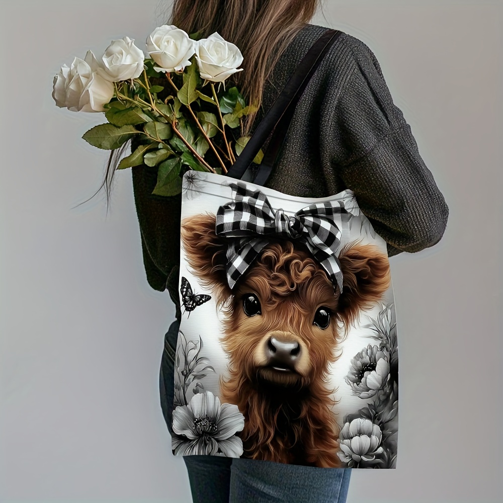 TEMU 1pc Highland Cow Print Tote Bag - Large Capacity Scottish Cow Design Handbag, Durable Suitable For Shopping, Travel, Work,, Casual Outfits With