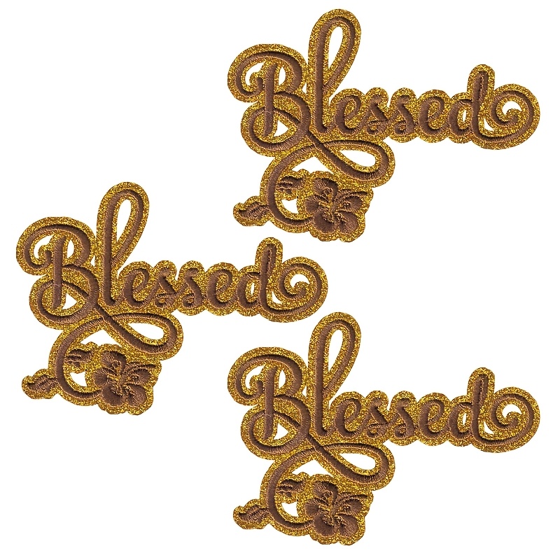 TEMU 3pcs Set Of Golden Glitter "blessed" Letter Floral Embroidery Patches, Vintage Elegant Reusable Outdoor Camping Hiking Motorcycle Riding Cool