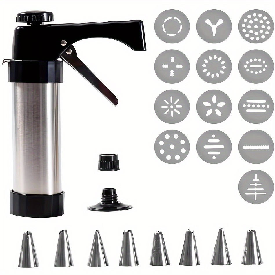 

Set, Cookie Press Set, Stainless Steel Icing Decoration Press Gun Kit With 13 Discs And 8 Piping Nozzles For Home Diy, Biscuit Maker And Decoration, Black