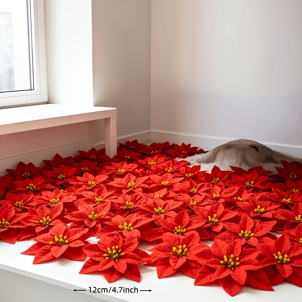 TEMU 50 Exquisite High-end Artificial Poinsettia Flower Heads, Holiday Faux Flowers, Christmas Pine Tree Decorations, Wreath Embellishments, Festive