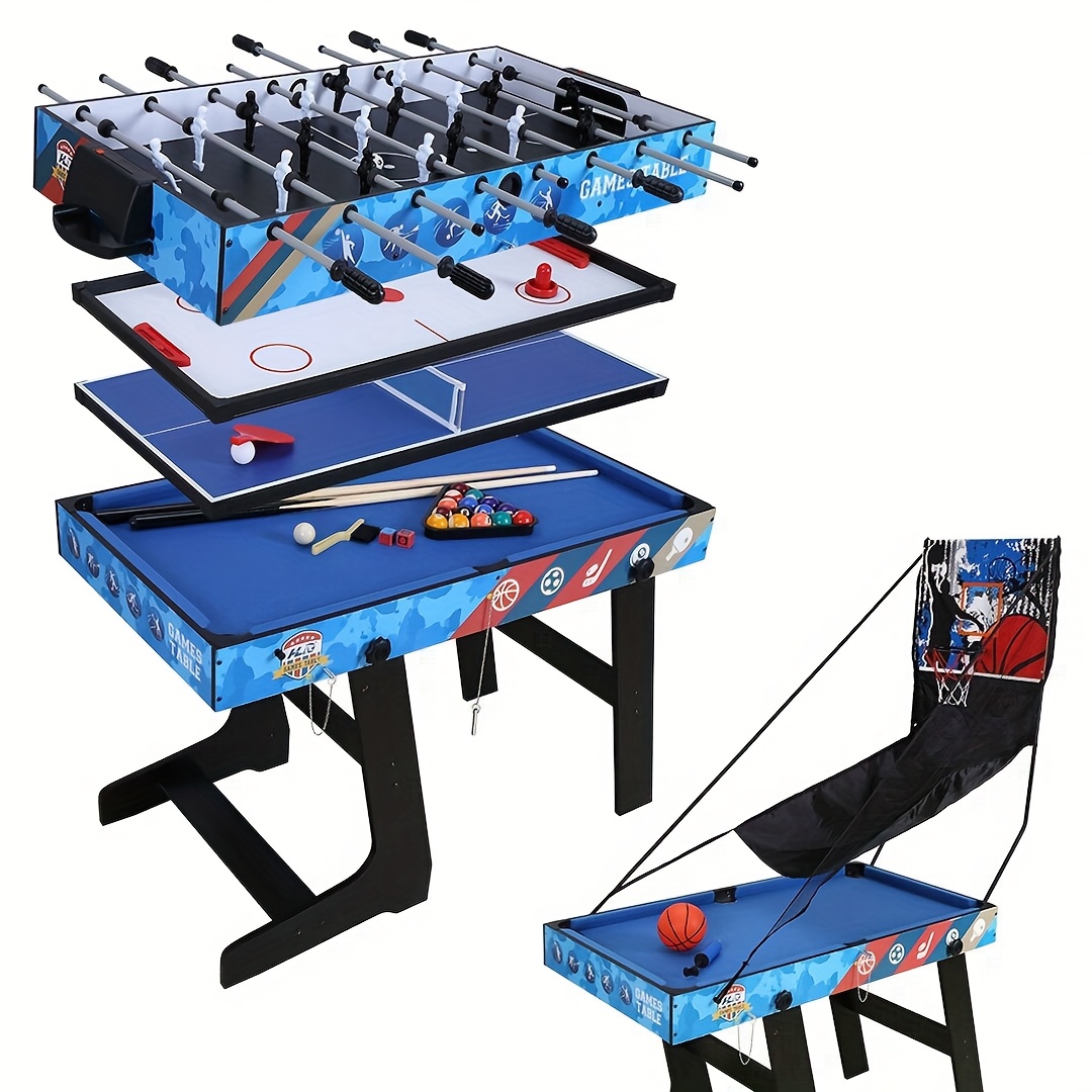 TEMU Multi-functional Gaming Table Set Includes Table Tennis Table, Billiards Table, Table Football, Ice Hockey Skate, And Basketball Shooting