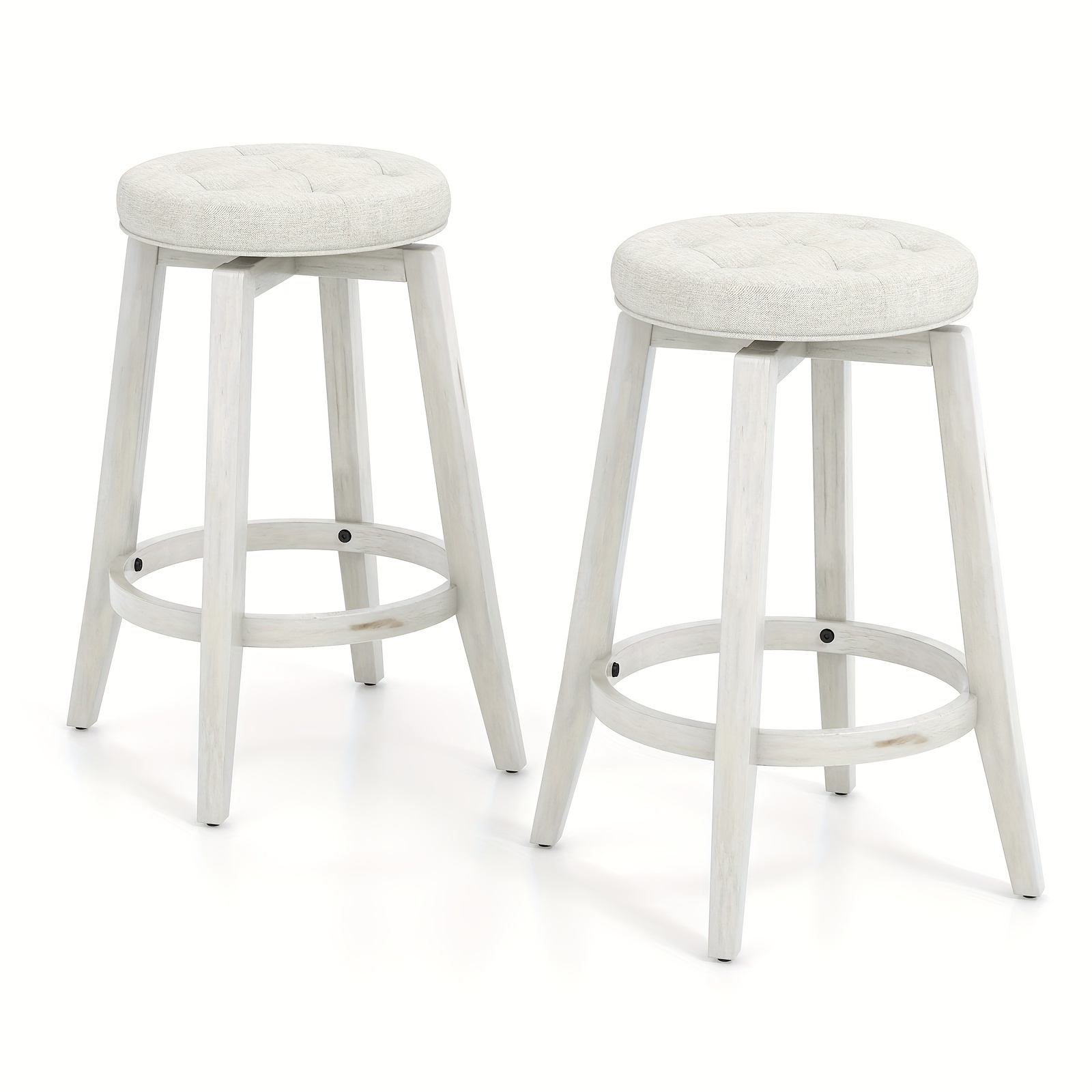 

Set Of 2 Swivel Bar Stools, 26" Counter Height Stools W/tufted Seat & Rubber Wood Frame, Round Backless Kitchen Stools With Footrest, Barstools For Kitchen Island/breakfast/pub, White