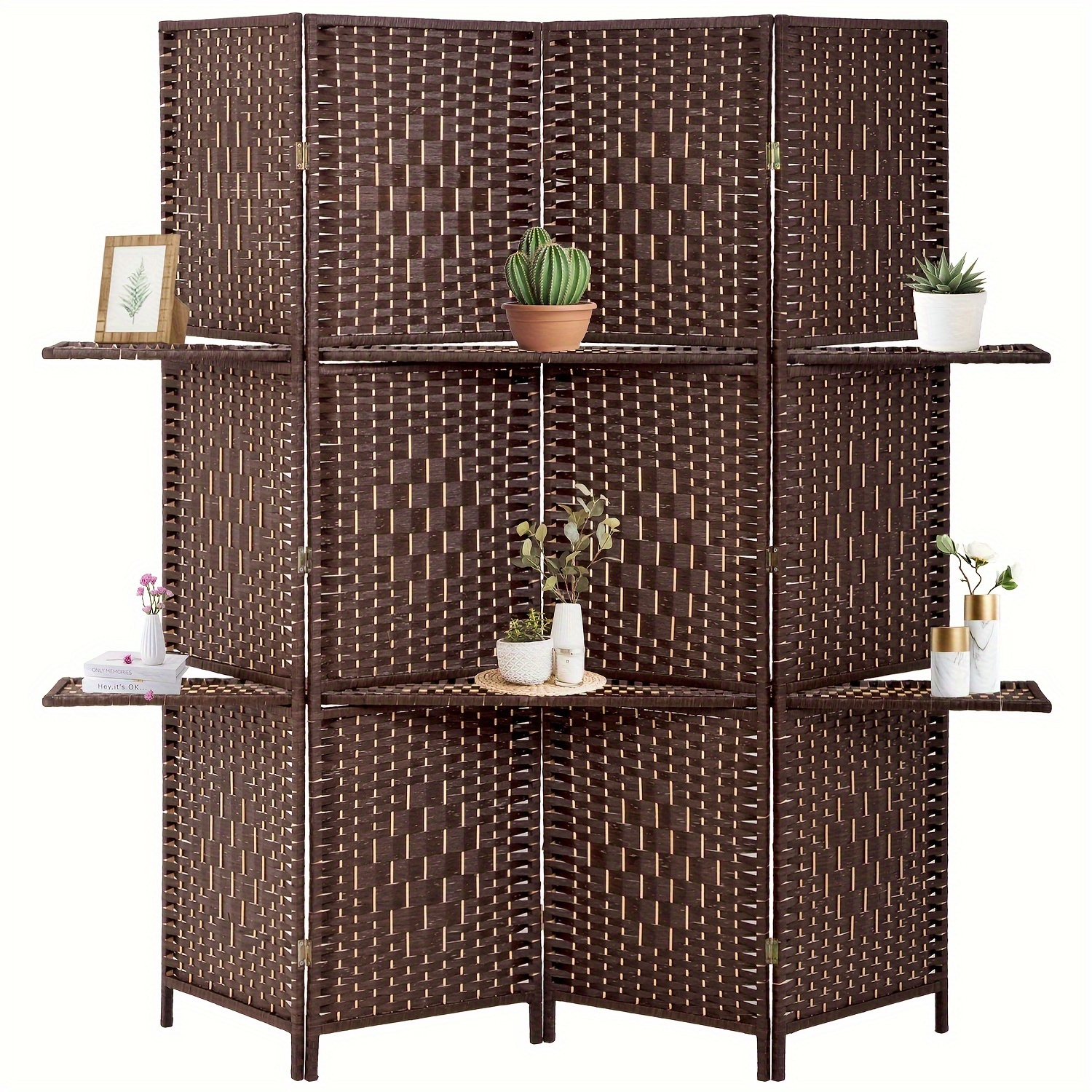 

Room Divider 4 Panel Divider Wooden Screen Folding Portable Partition Screen Wood With Removable Storage Shelves