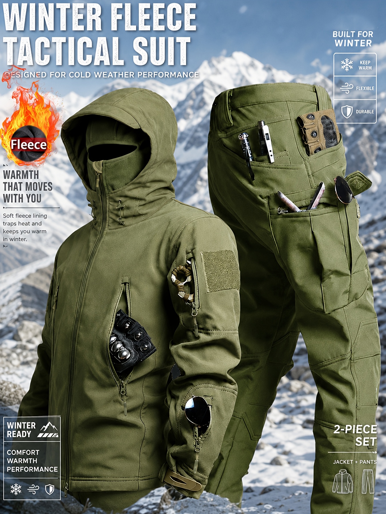 Men's Multi-Pocket Softshell Jacket & Cargo Pants Set with Face Mask