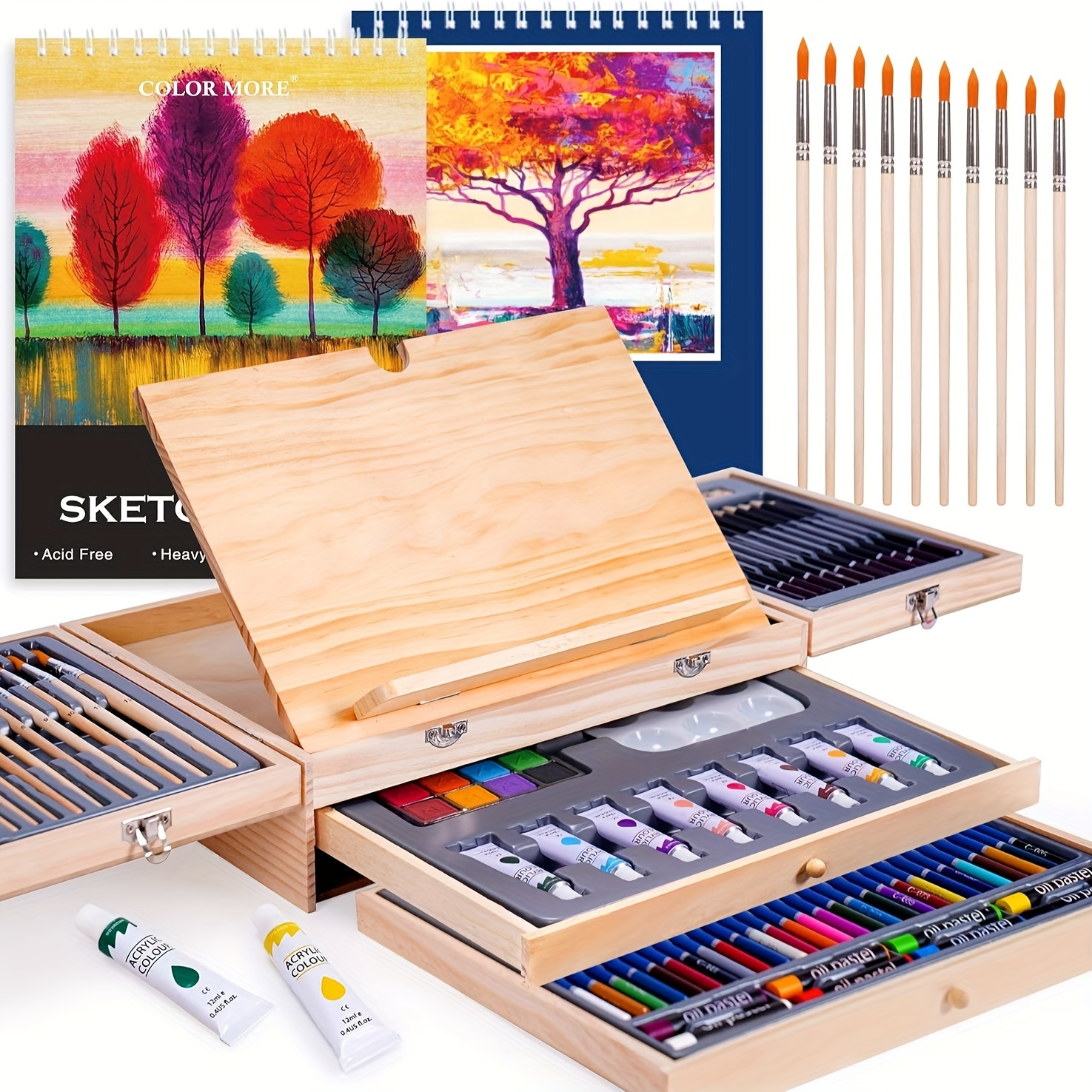 

85pcs Deluxe Wooden Art Supplies, Art Set For Teens, Adults And Artist Beginners, Art Kit With Easel And Acrylic Pad, Creative Gift Box With Wooden Case, Sketching Pencils, Artist Brushes, Gift