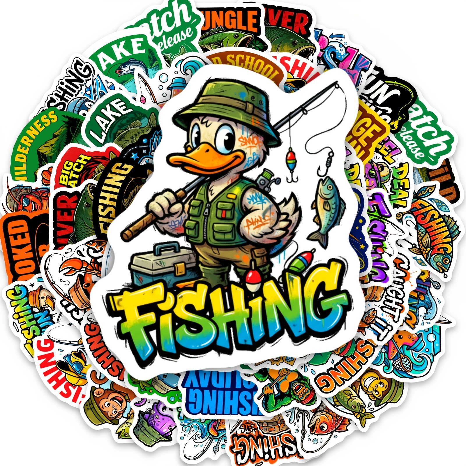 TEMU 50pcs Fishing Time Stickers, Fishing Theme Decals, Perfect For Decorating Scrapbooks, Laptops, Water Bottles, Skateboards, Guitars, Luggage, And