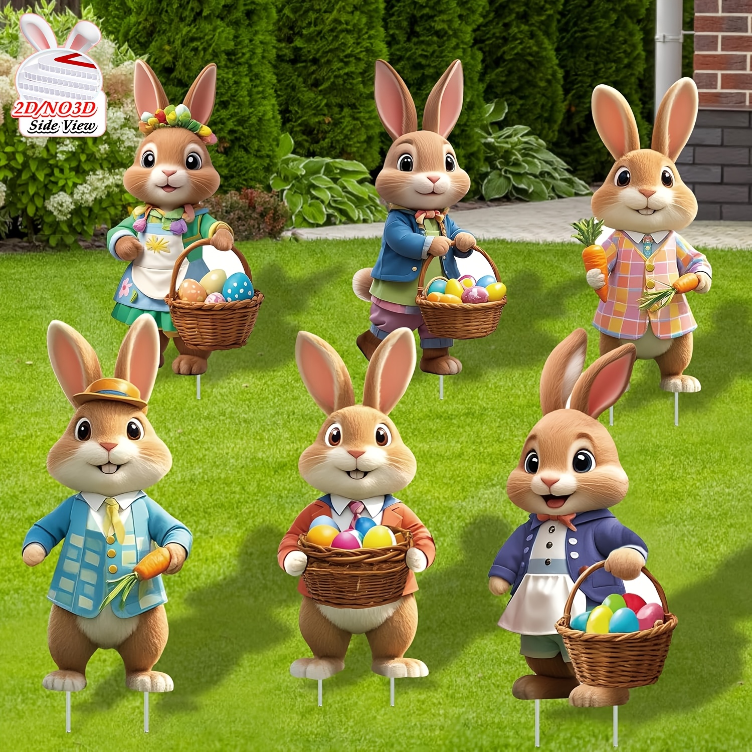 [2d Flat] 2d Flat, Easter Decorations Outdoor, 6pcs Easter Bunny Decor, Easter Yard Stakes With Bunny Egg Carrot, Outdoor Easter Decor For Party Supplies Prop Patio Lawn, 2d Flat