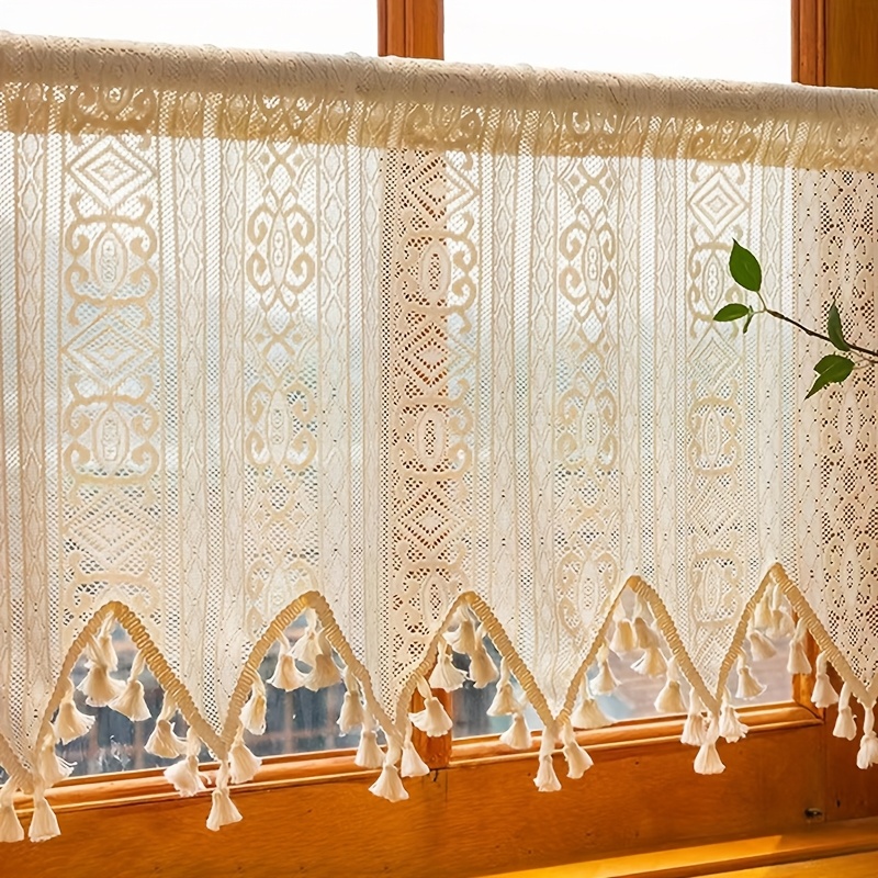 TEMU 1pc Short Sheer Curtain With Handcrafted Tassel Striped Pattern, Crochet Lace Design, Suitable For Kitchen, Cafe, Bathroom, Retro Room Decor