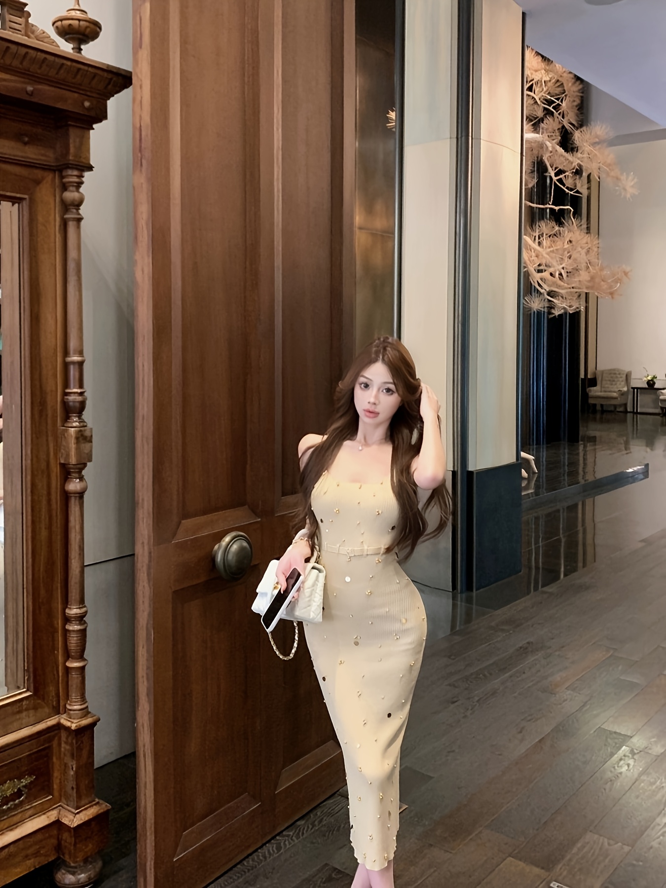 elegant beige sequin bodycon midi dress women sleeveless low - Temu  Mauritius