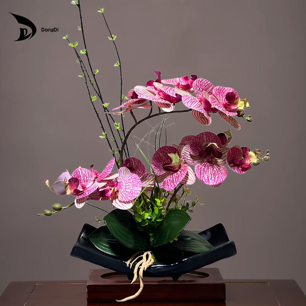 Image of 16 Inch Artificial Arrangement Faux Orchid Bonsai (black Potted) Artificial Flowers Orchids For Table Centerpiece Living Room Home Decoration, Christmas Decor, Halloween Decor