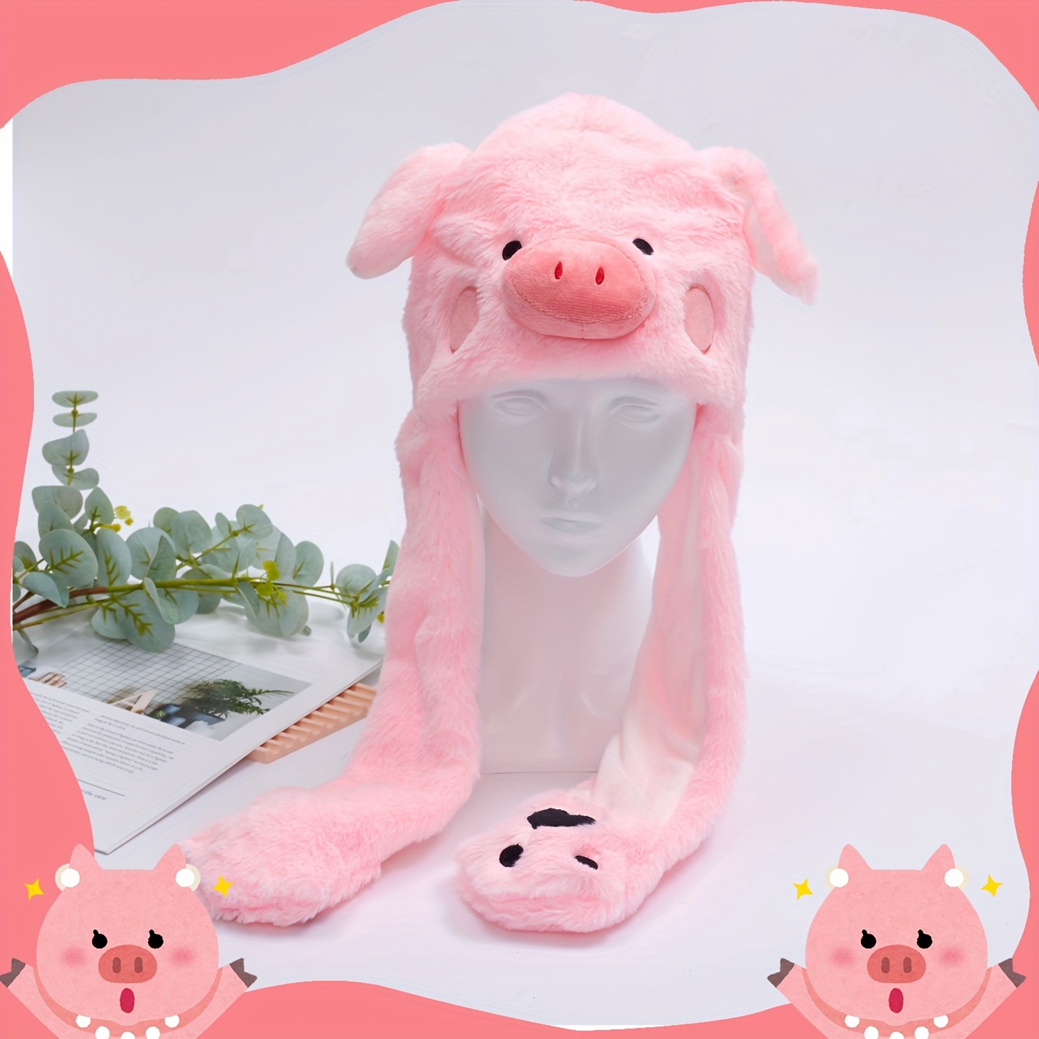 1個 ピンクのかわいい＆ぬいぐるみの豚の帽子 面白いピンクの豚の帽子