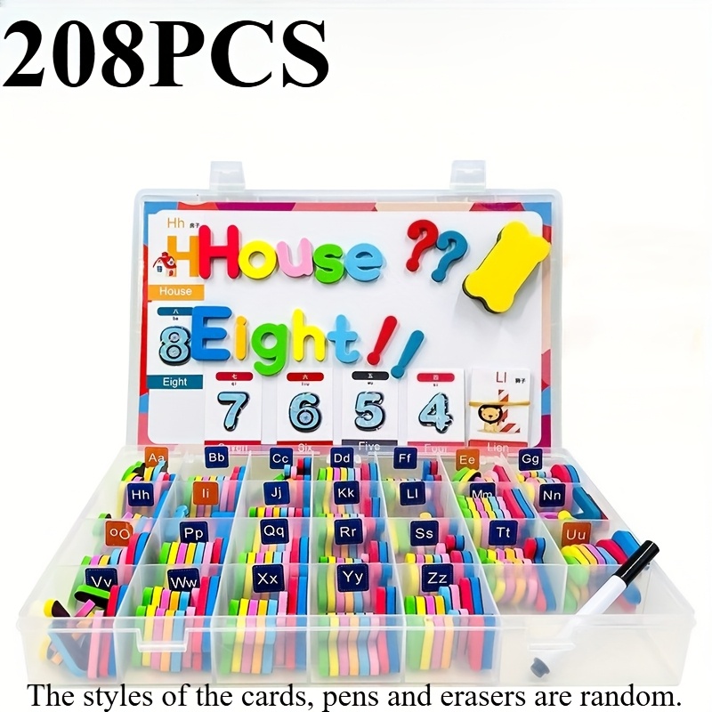 Image of 104/208pcs Colored Magnetic Letters, Letter Set, Includes 1/2 Set Of 26 Letters And 3/6 Set Of 26 Lowercase Letters, With Water-based Pen And Eraser, Random Color