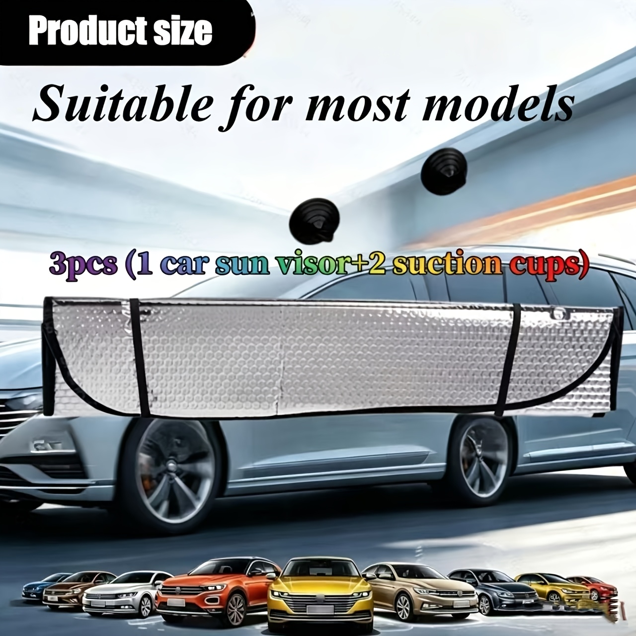 TEMU 2026 Portable Durable Foldable Windshield Sunshade, 3pcs (1pc Car Sunshade And 2pcs Suction Cups), Thickened Bubble Sunshade, Easy To Store,