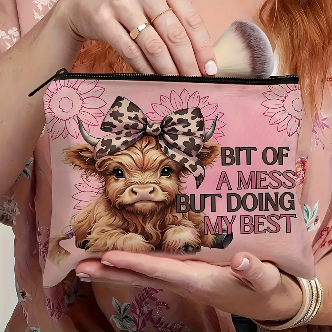 TEMU 1pc Highland Cow Makeup Bag - Cute Cow Design With "bit Of A Mess But Doing " Quote, Durable Fabric Travel Cosmetic Pouch, Unisex, Gift For Cow
