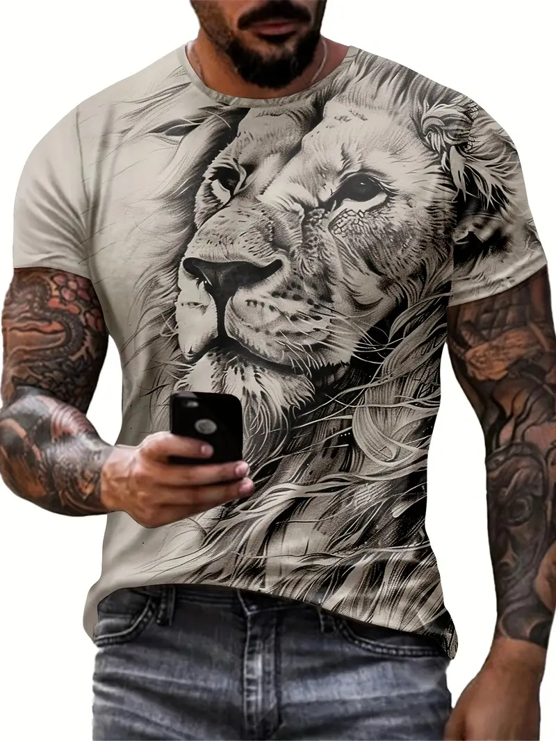 mens retro style cool lion pattern t shirt crew neck and short sleeve tee chic and stylish tops for summer street and sports leisurewear details 3
