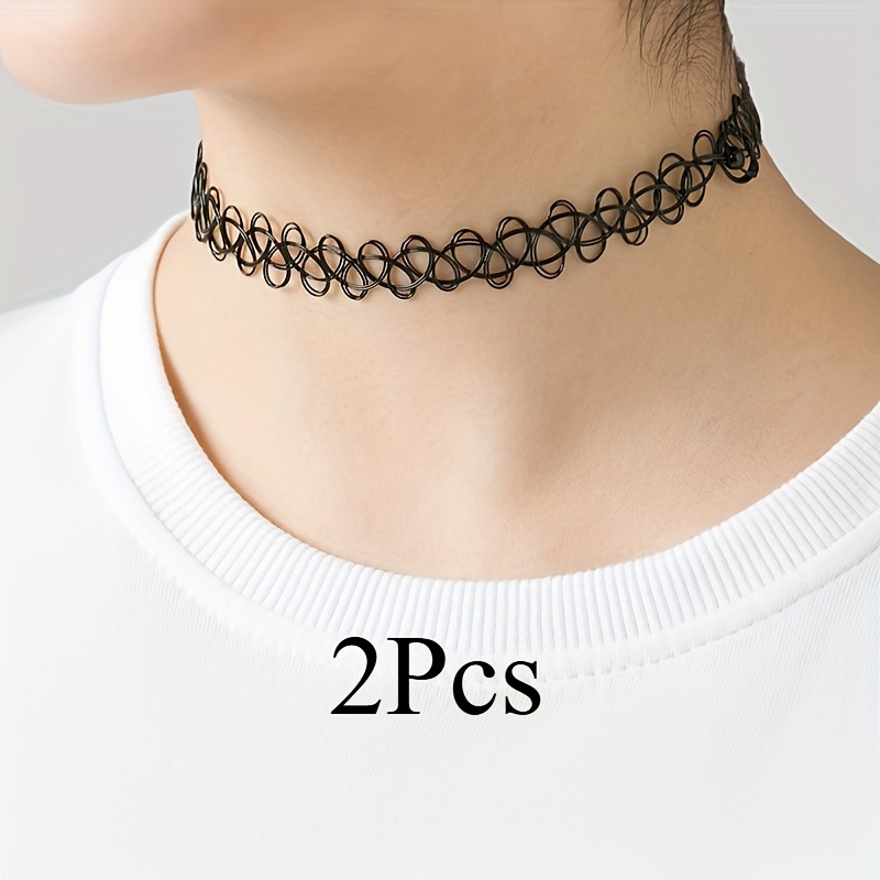 2pcs/3pcs Handmade Fishing Line Necklace Ring Tattoo Rainbow Necklace Ring Retro Flower Elastic Gothic Punk Elastic Collar Women's Jewelry