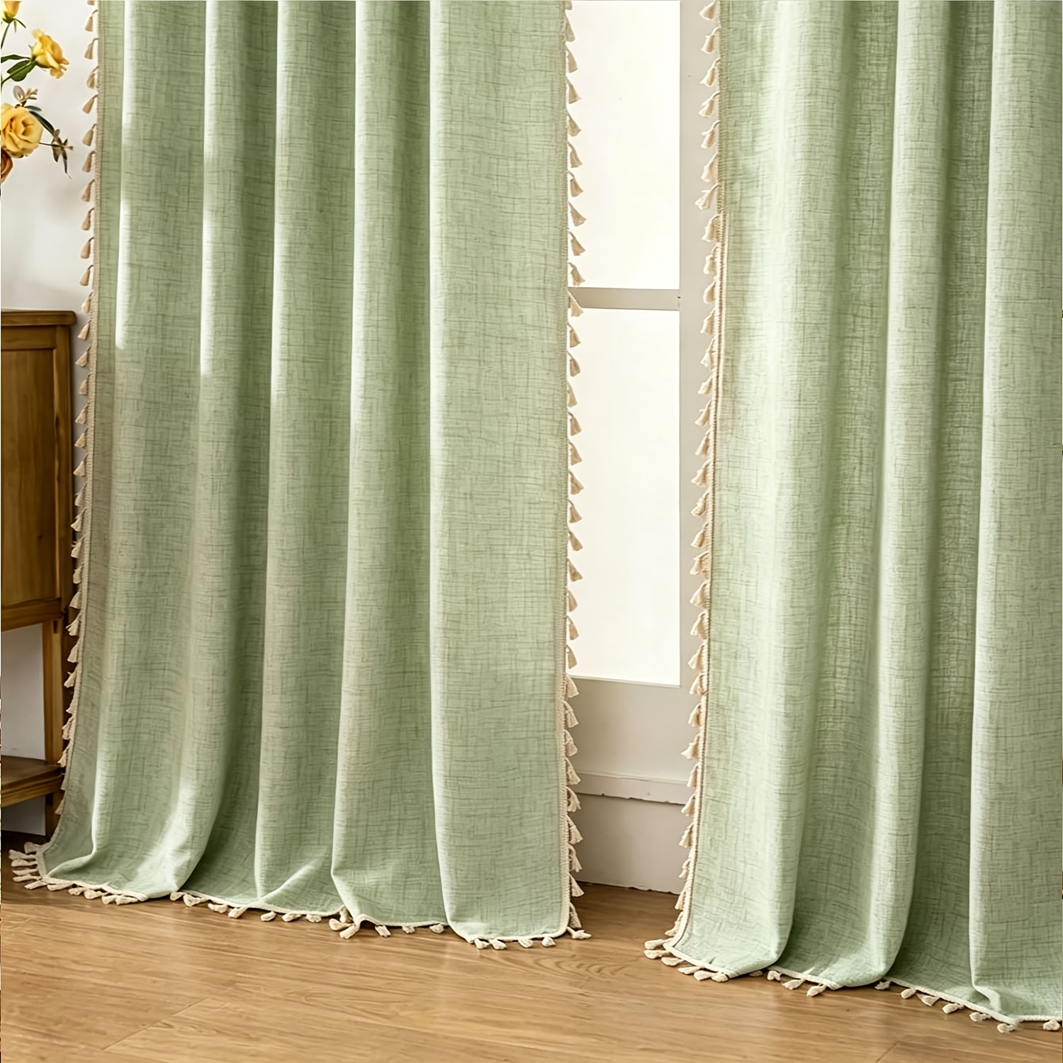 TEMU 1pc American Tassel Curtain, Double-sided Linen Texture, Versatile Gauze Curtain, Thickened Fabric, Suitable For Living Room, Bedroom Windows,