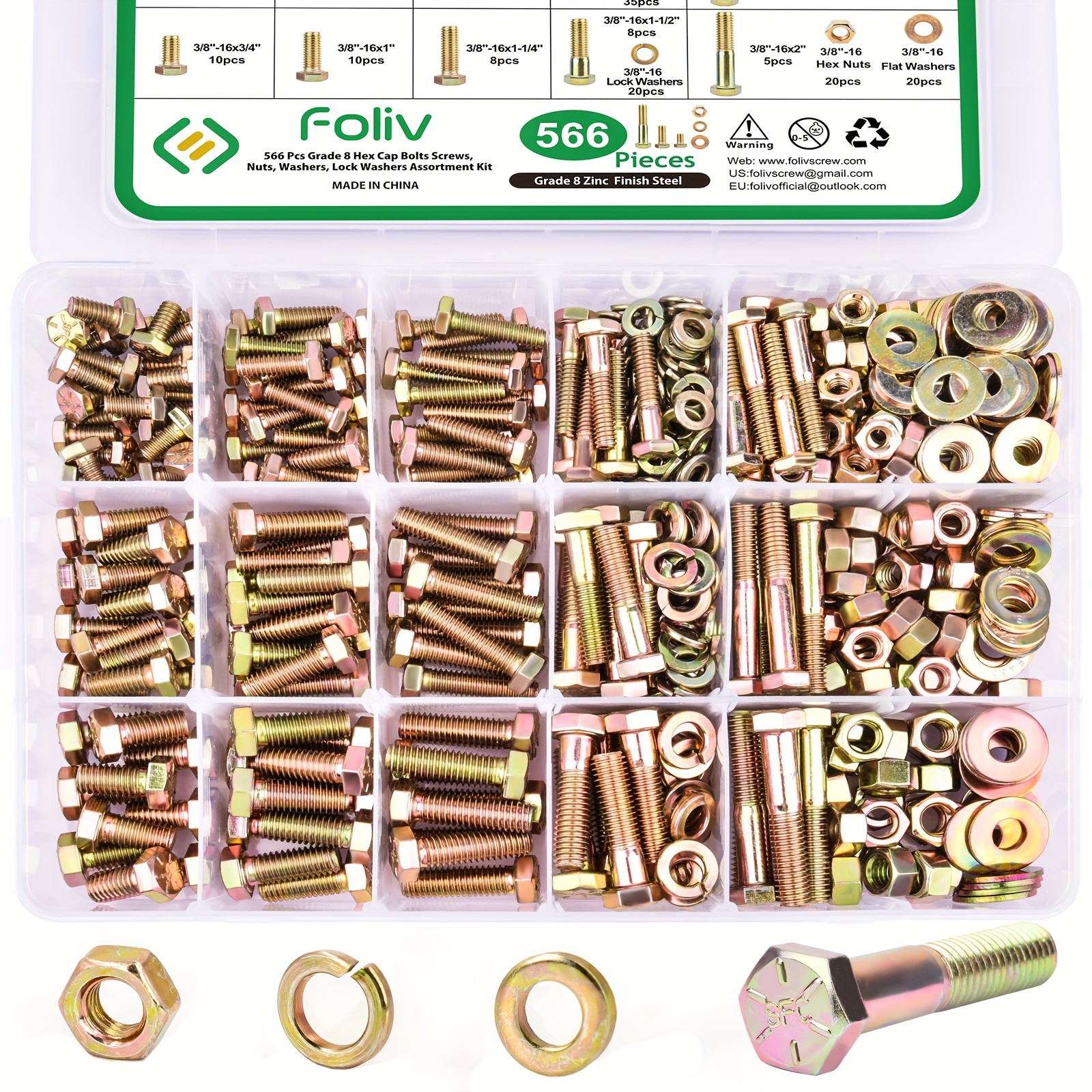 

566pcs Heavy Duty Bolts And Nuts Assortment Kit, Grade 8 Hex Screws Bolts Nuts Kit, 1/4 5/16-18 3/8-16, 15 Common Sizes Included