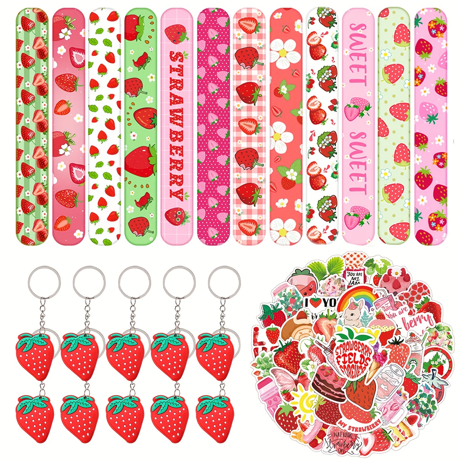 

72pcs, Strawberry Theme Strawberry Party Favors, 50pcs Stickers, 10pcs Key Chain, 12 Snap Rings, Baby Shower Berry 1st Birthday Party Supplies Decorations