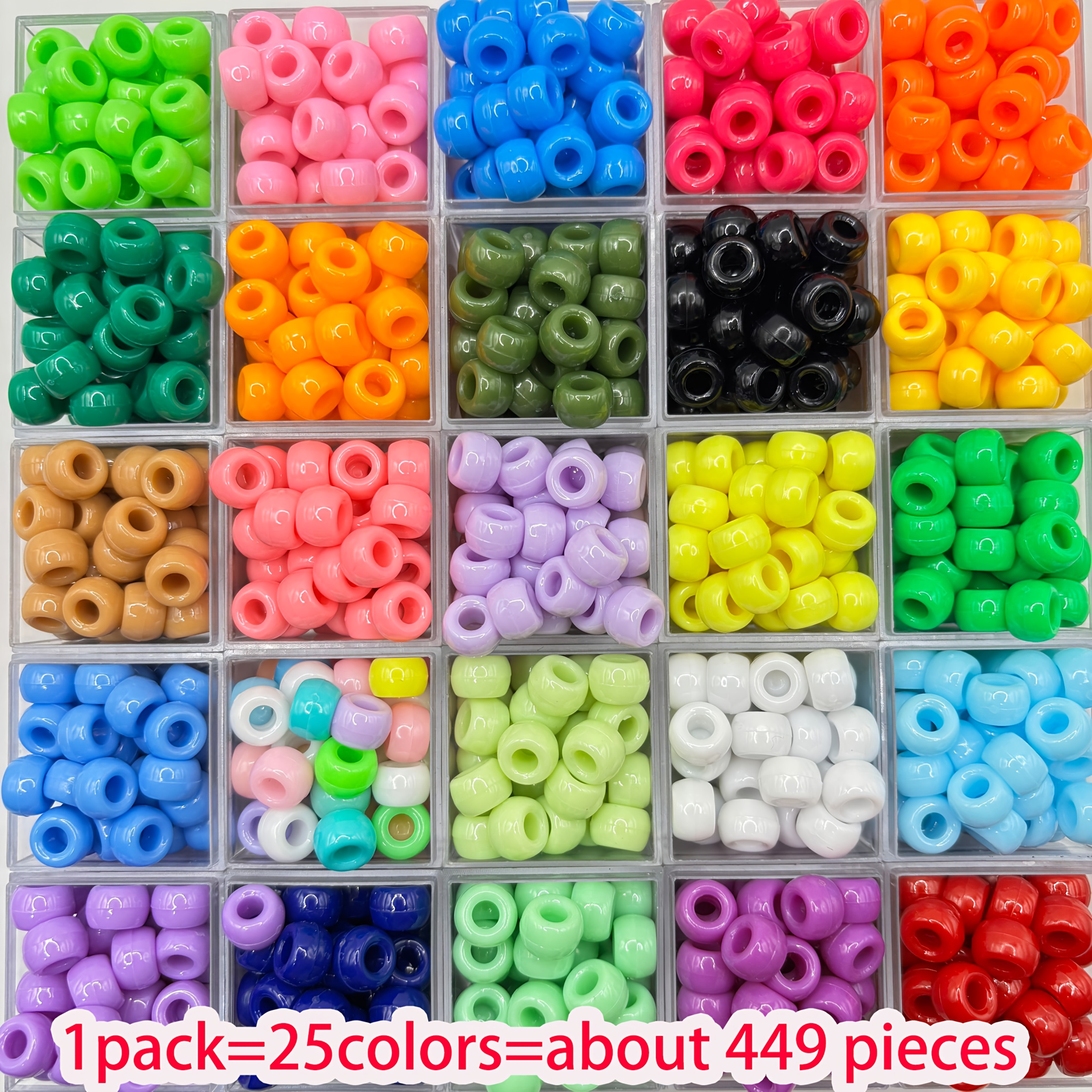 TEMU 449 Vibrant 6x9 Mm Solid Color Pony Beads - 25 Bright Colors Of Large Hole Bucket Beads, Perfect For Jewelry And Woven Hair Additions, Ideal For