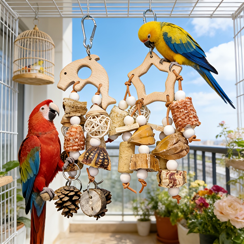 TEMU 2pcs Wooden Parrot Chew Toys - Dolphin & Star-shaped Bird Cage Accessories With Pine Cones And Corn For Beak Health, Natural Playthings
