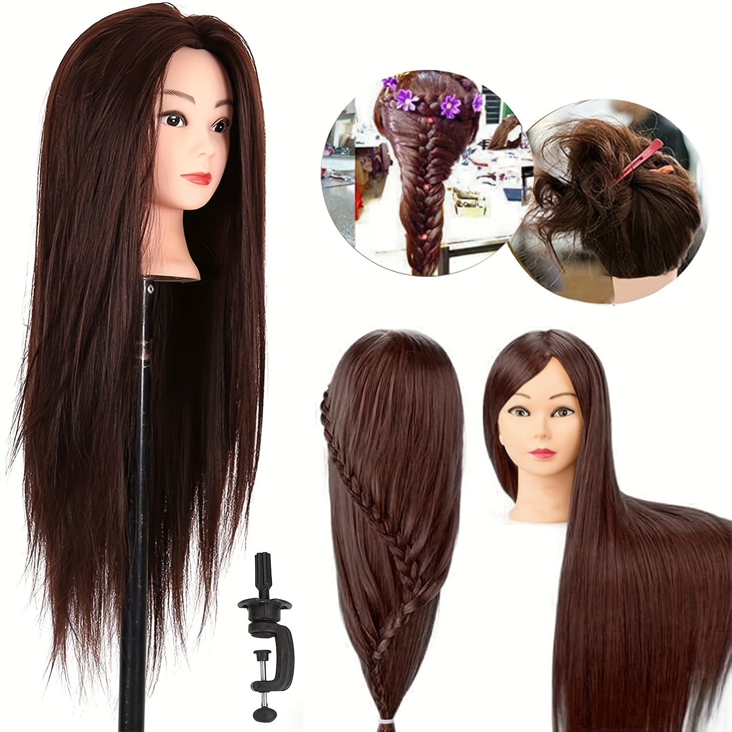 E-shop Übungskopf Trainingsköpfe 24" Friseurkopf Haar mit Halter Trainingskopf Stylingkopf Puppenkopf Stylingkopf Halter (Braun)