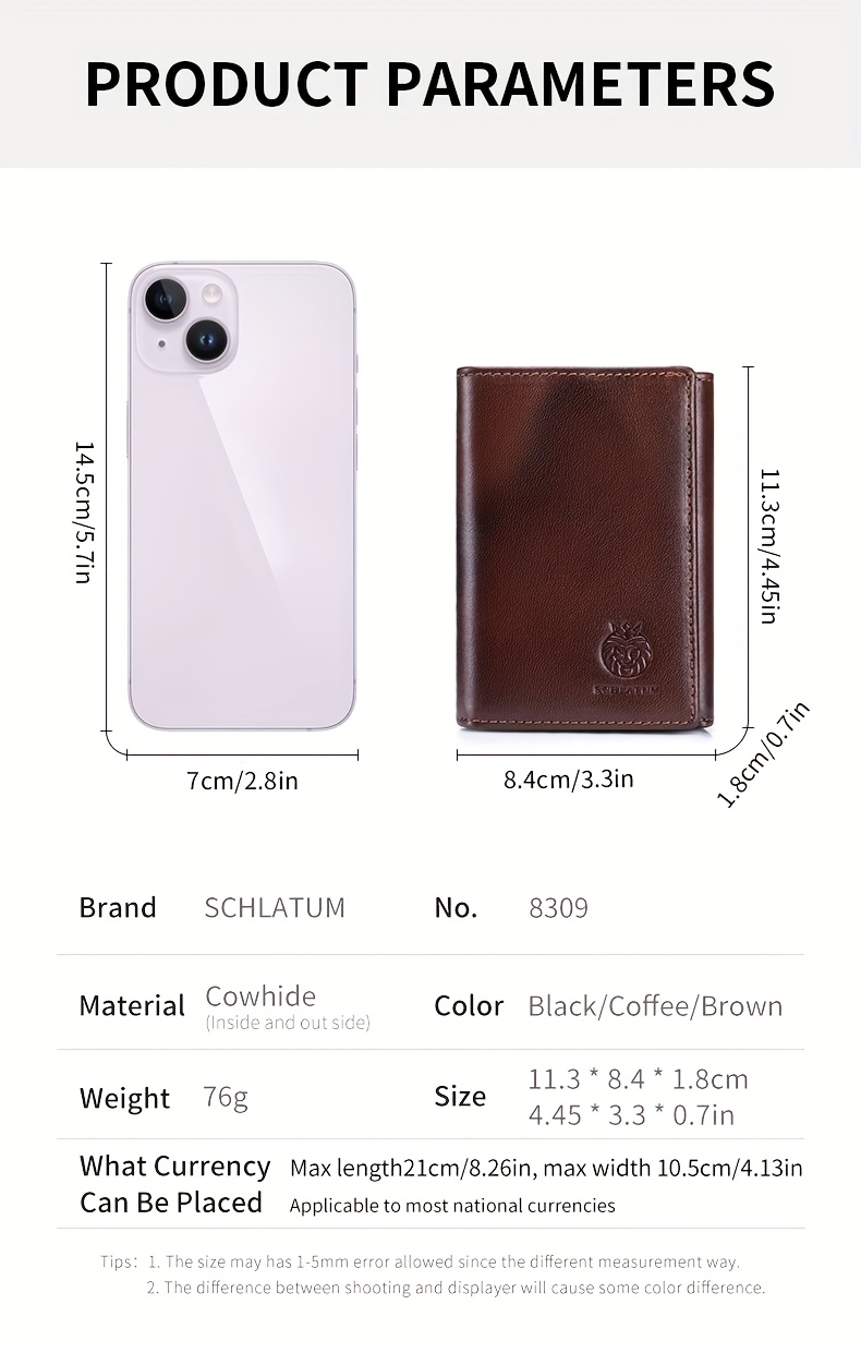 Crazy Horse Genuine Leather Trifold Wallets for Men & Women Real Genuine Leather Slim Front Pocket RFID Blocking Travel with ID Window